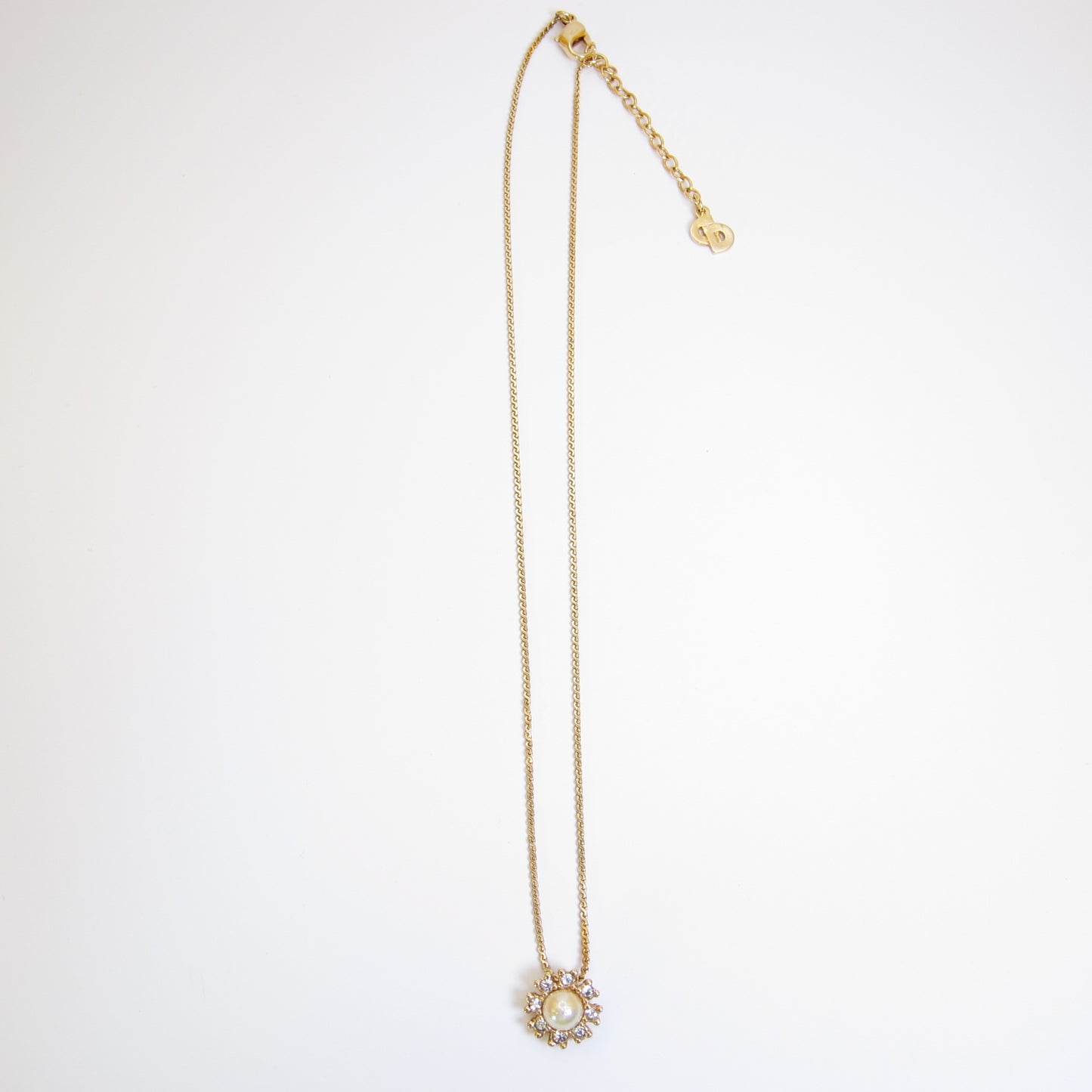 Christian Dior Vintage Flower Motif Pearl and Rhinestone Golden Necklace