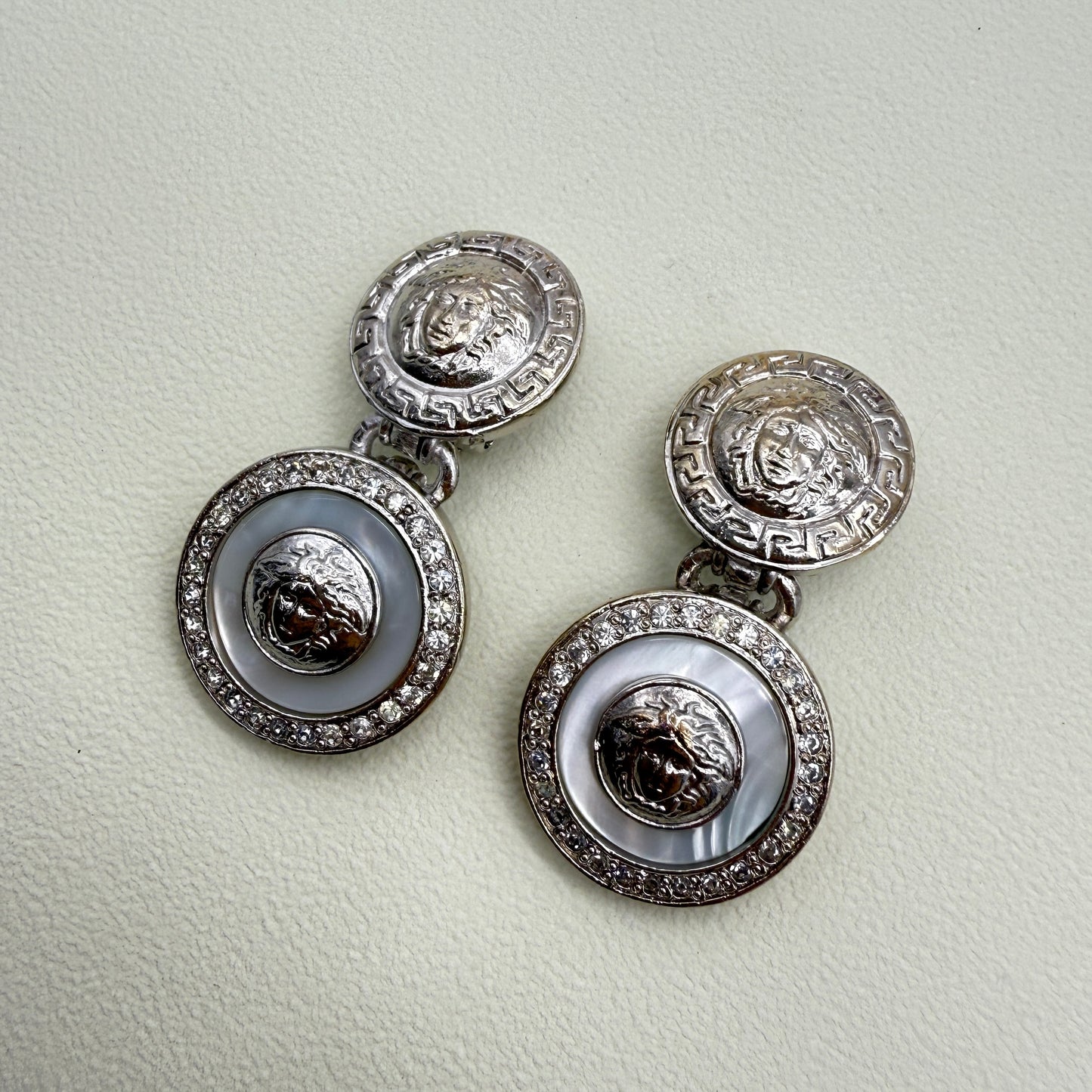 Gianni Versace Vintage Medusa in Double Round Shape with Rhinestone Silver Clip-on Earrings