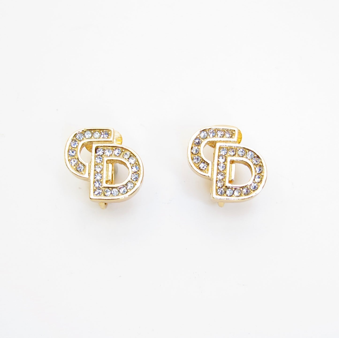 Christian Dior Vintage CD Logo with Rhinestone Golden Clip-on Earrings