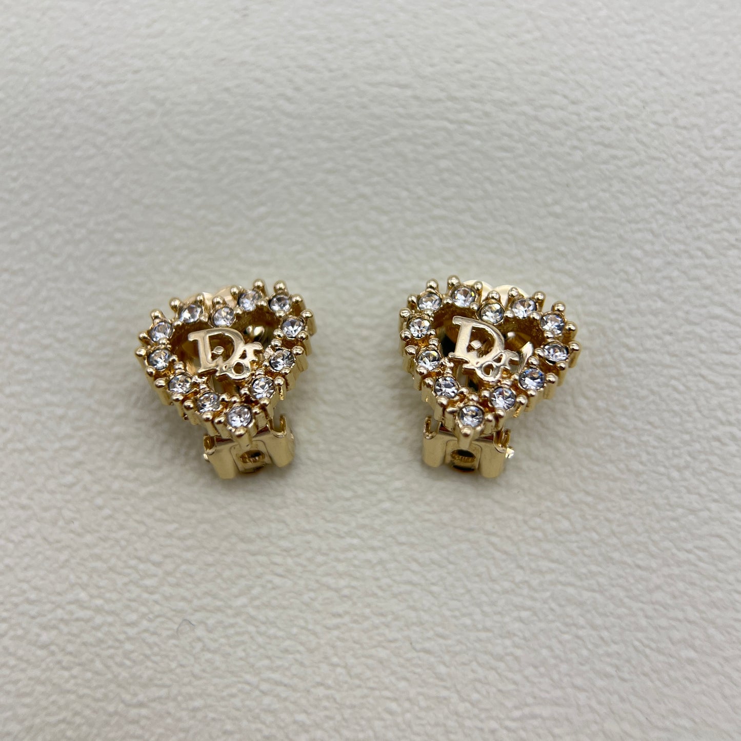 Christian Dior Vintage Dior Logo in Heart Shape with Rhinestone Golden Clip-on Earrings