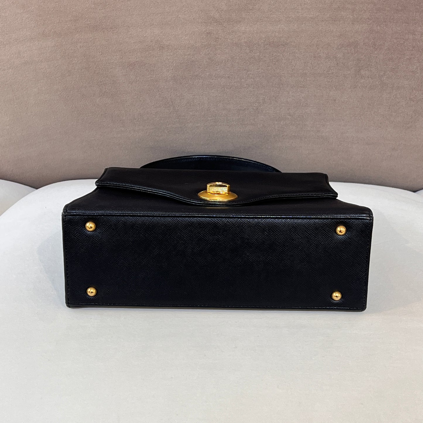 Givenchy Vintage Black Leather Gold Logo Turn Lock Top Handle Bag