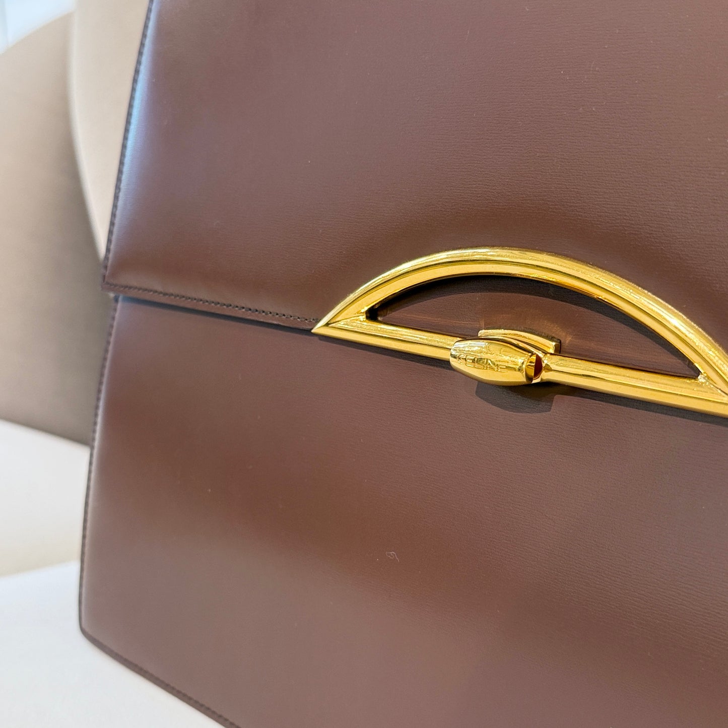 Celine Golden Clasp Brown Leather Top Handle Handbag