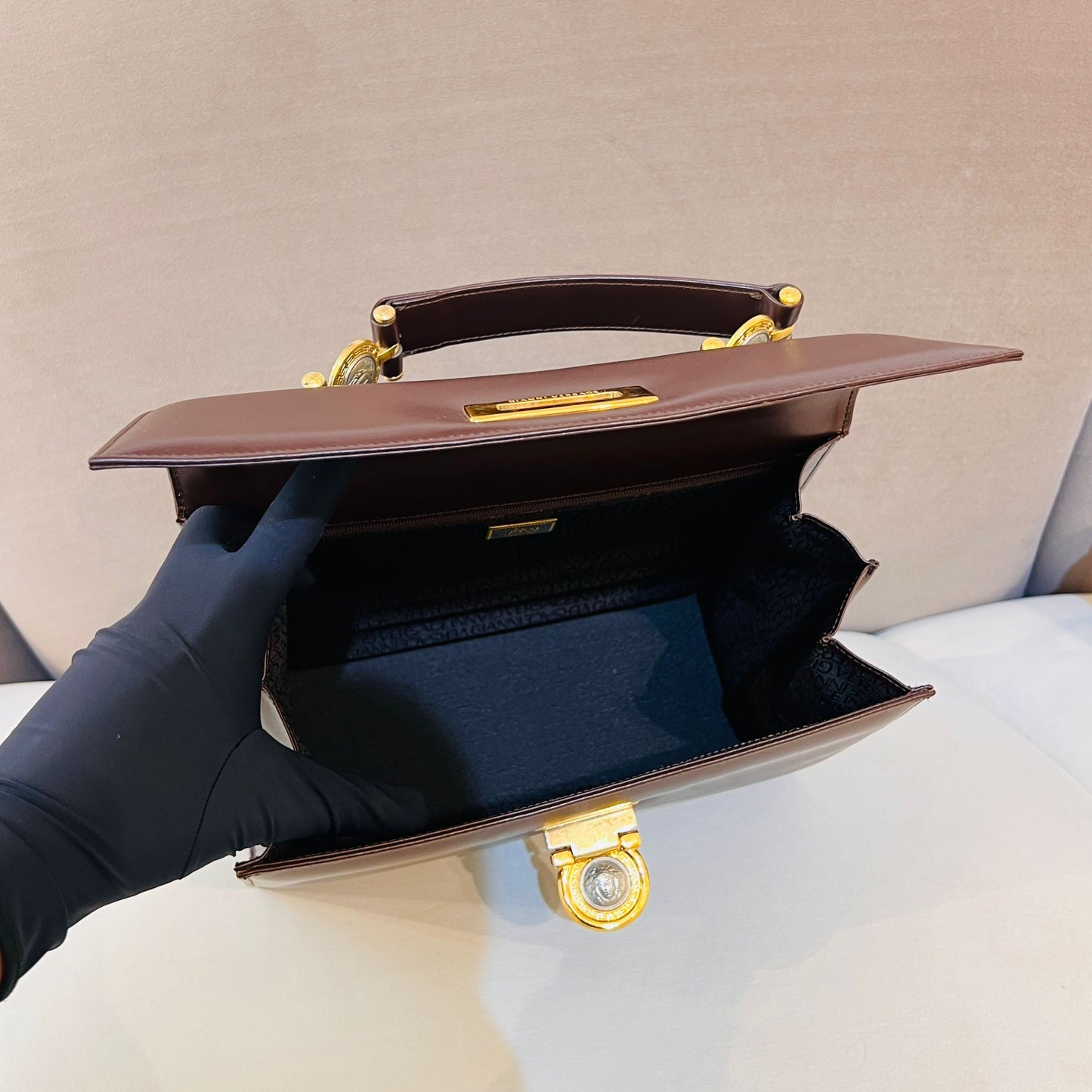 Versace Vintage Medusa Leather 2-Way Handbag In Deep Brown