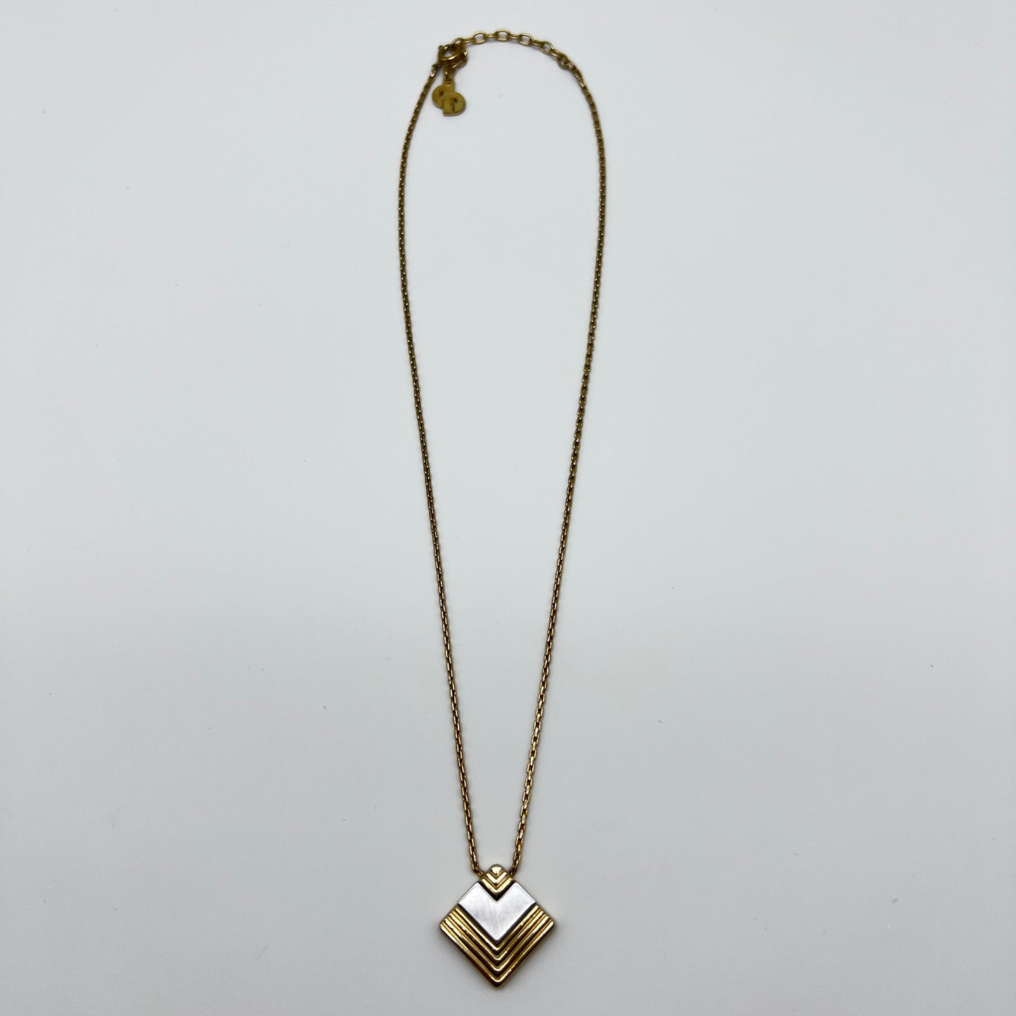 Christian Dior Vintage Silver And Gold Tone Diamond Shape Pendant Golden Necklace