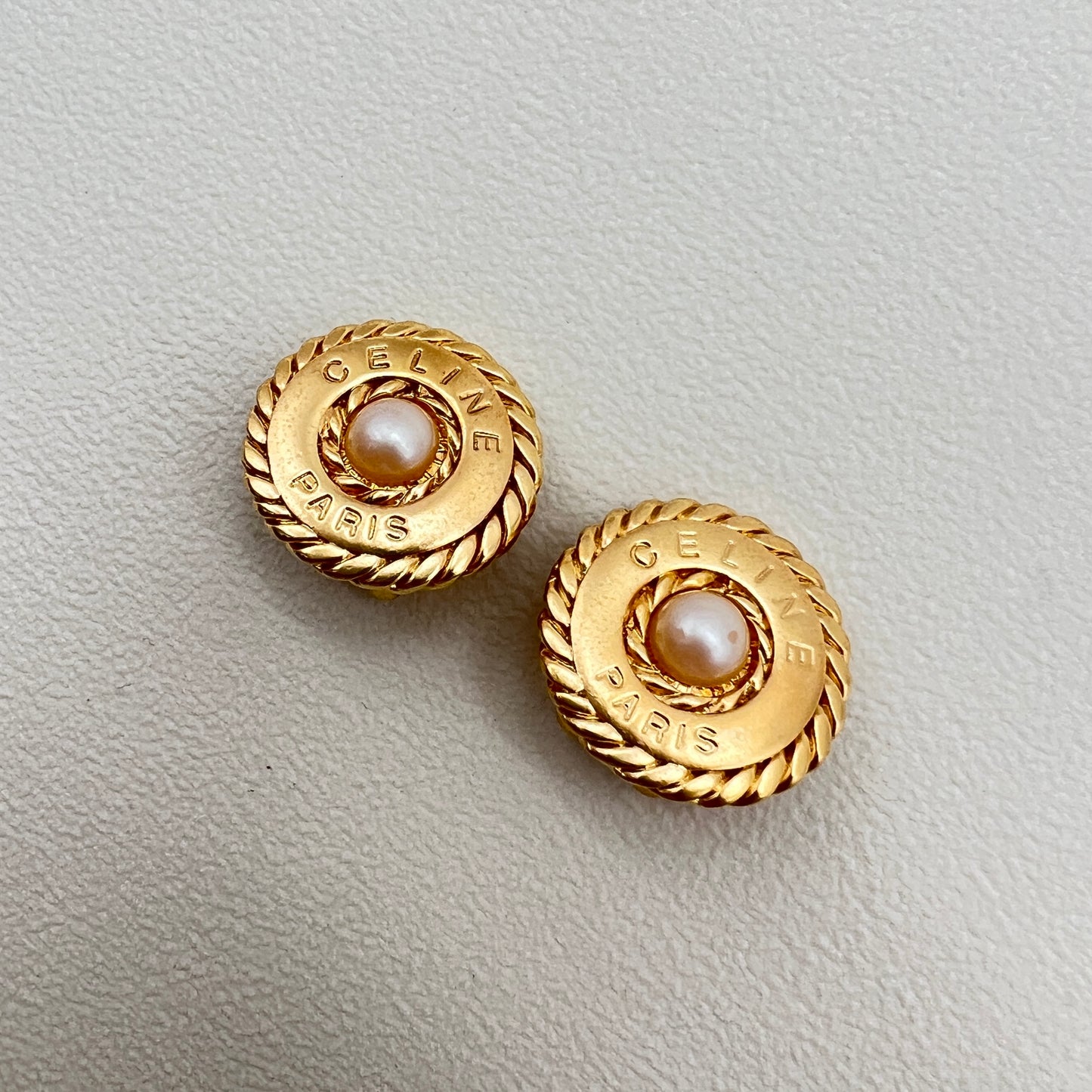 Celine Vintage Celine Logo and Pearl Round Shape Golden Clip-on Earrings