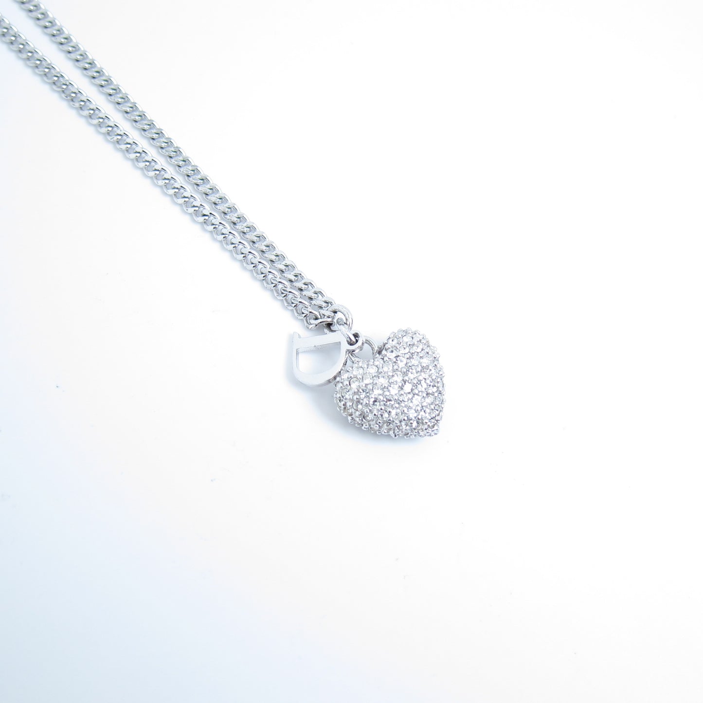Christian Dior Vintage D Logo and Heart with Rhinestone Silver Necklace