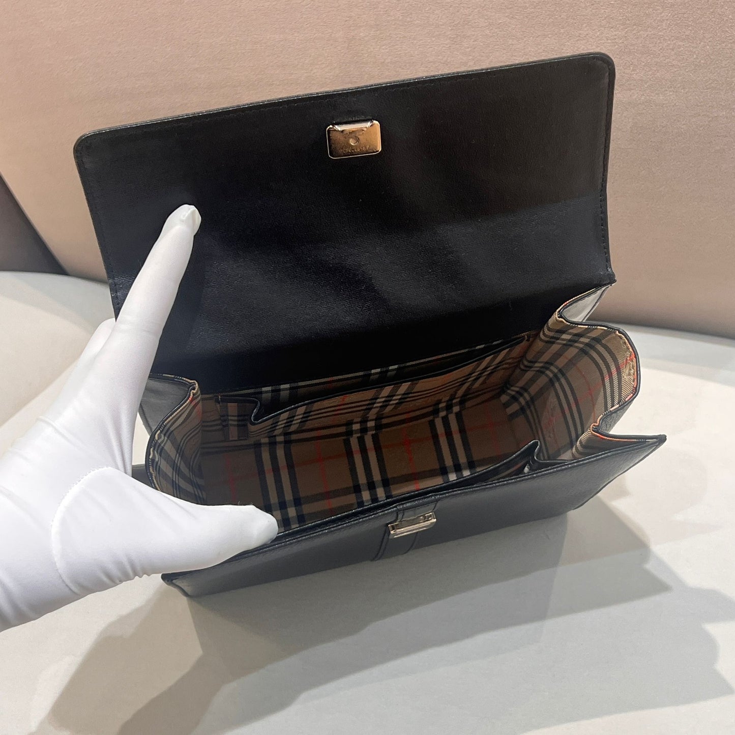 Burberry Vintage Black Grained Leather Top Handle Flap Handbag
