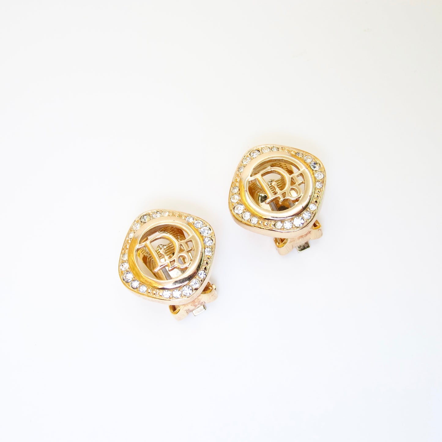 Christian Dior Vintage Dior Logo in Rhombus with Rhinestone Golden Clip-on Earrings