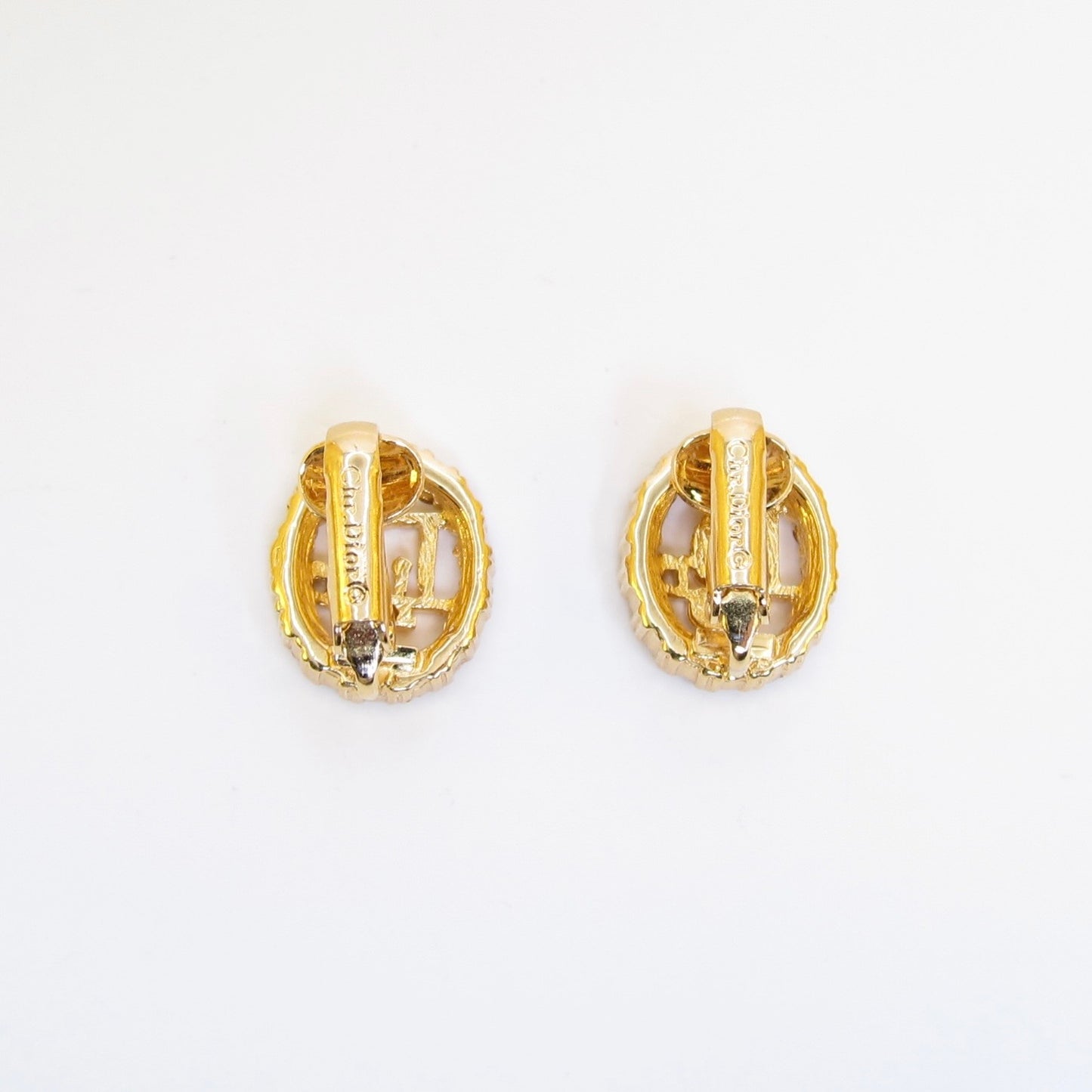 Christian Dior Vintage Dior Logo in Oval Shaped with Rhinestone Golden Clip-on Earrings
