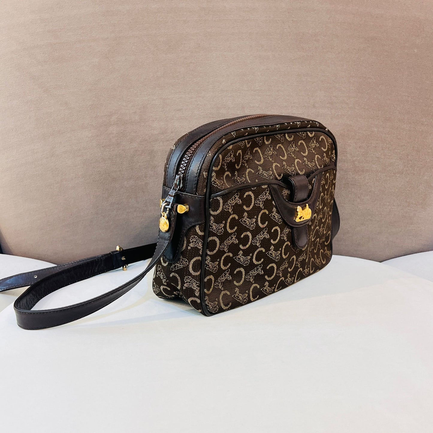 Celine Vintage Macadam Horse Carriage Canvas Leather Shoulder Bag
