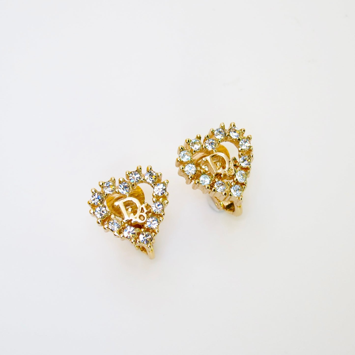 Christian Dior Vintage Dior Logo in Heart Shape with Rhinestone Golden Clip-on Earrings