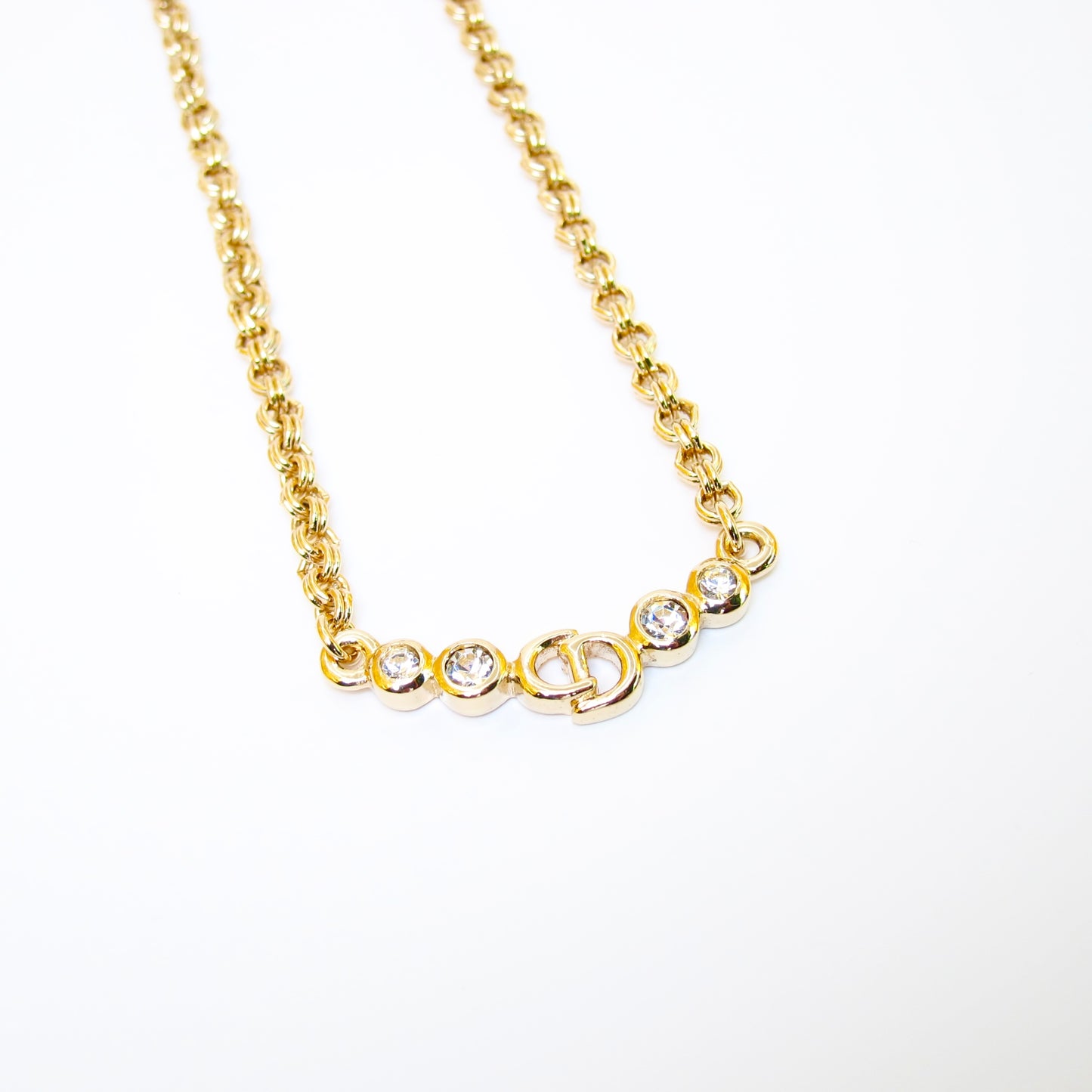 Christian Dior Vintage CD Logo and Rhinestone Golden Necklace