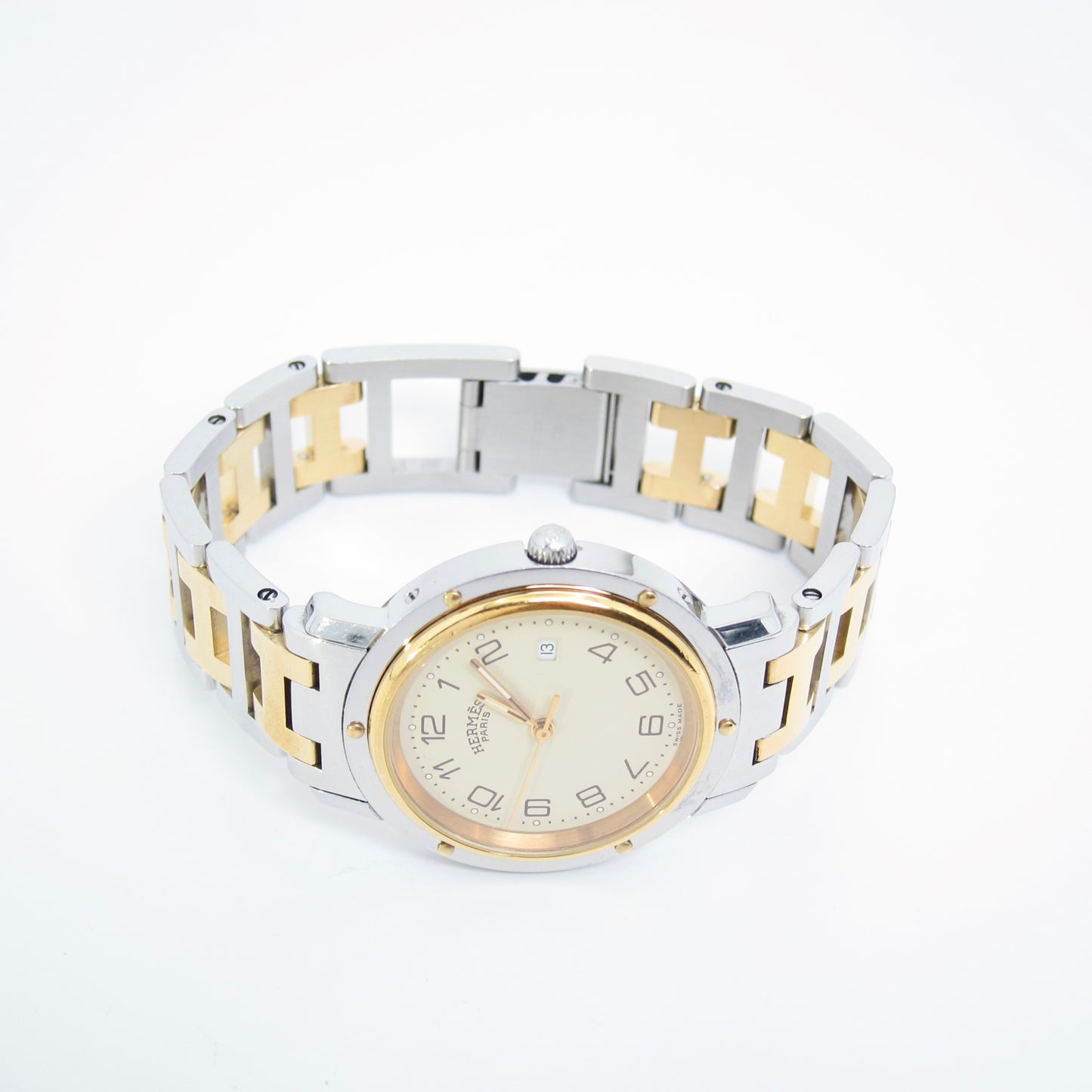 Hermes Vintage Clipper Ivory Dial with Date and H Bracelet Two Tone Watch