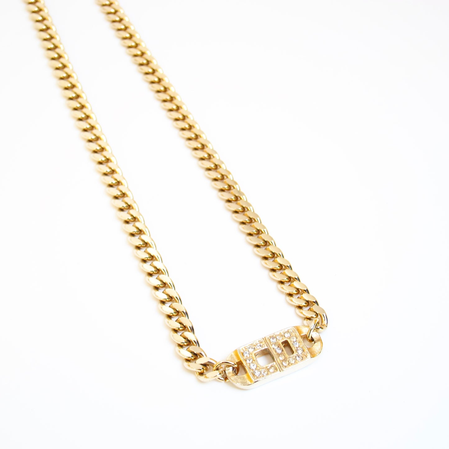 Christian Dior Vintage CD Logo with Rhinestone Golden Chain Necklace