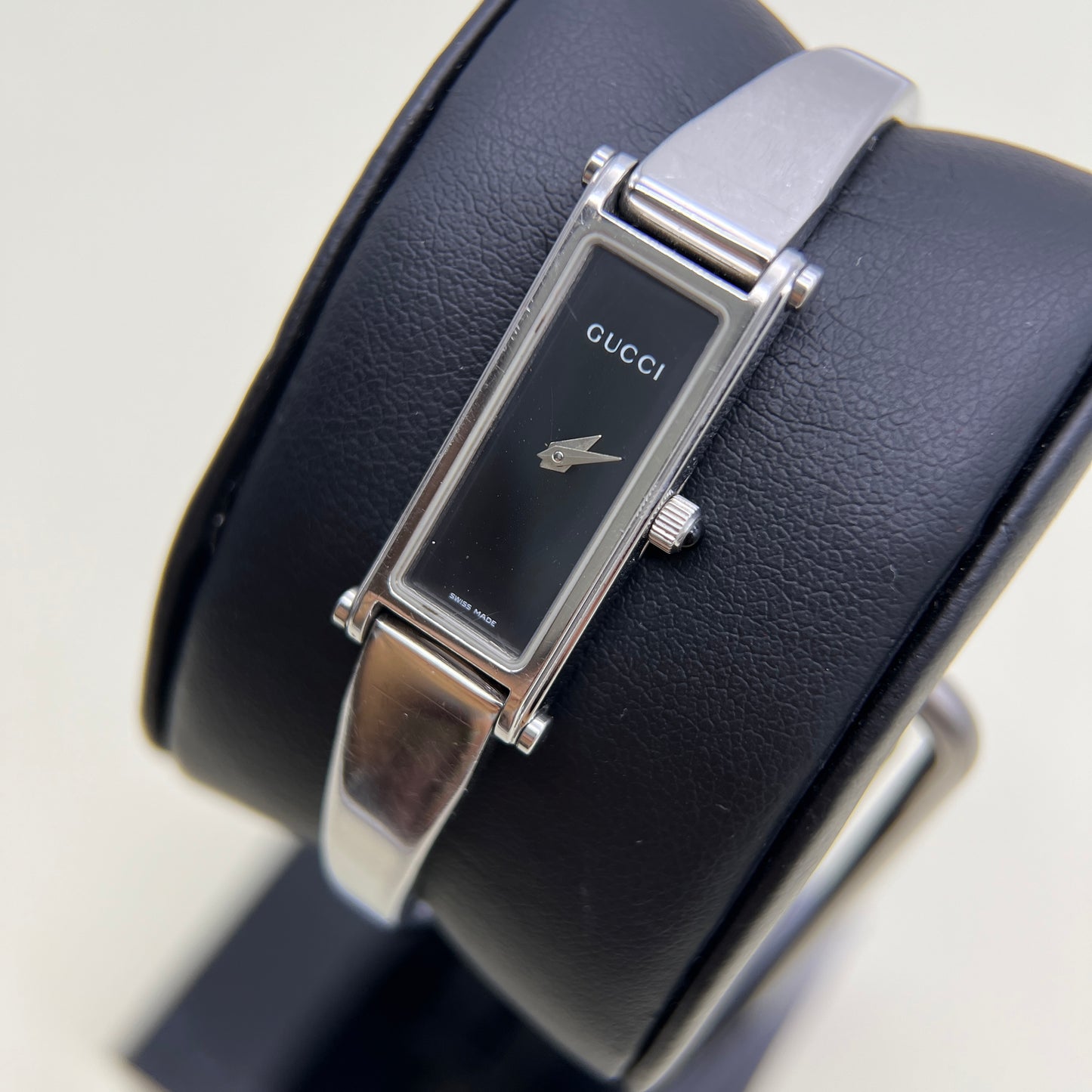 Gucci Vintage Rectangle Black Face Silver Bangle Watch