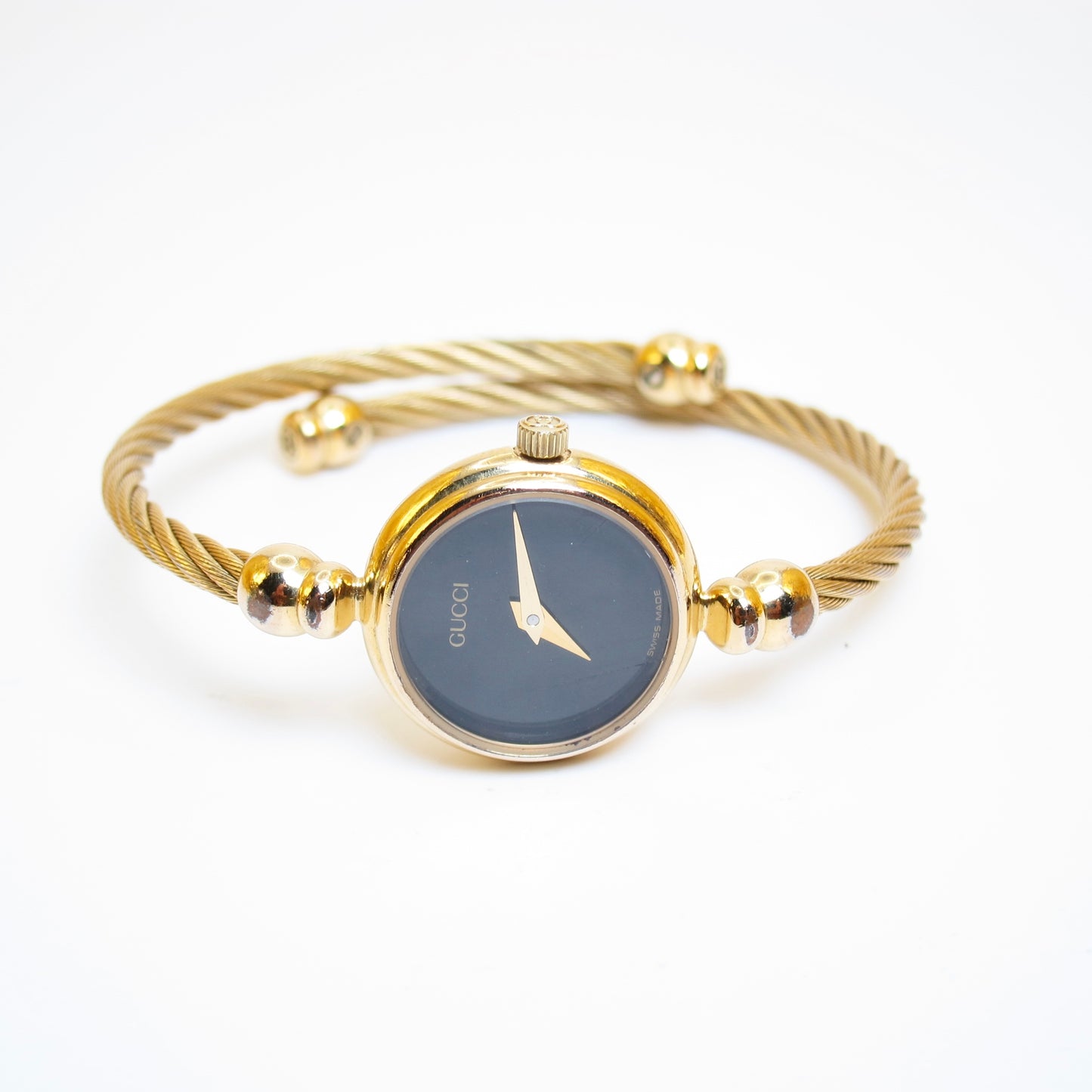Gucci Vintage Round Black Face Golden Bangle Watch
