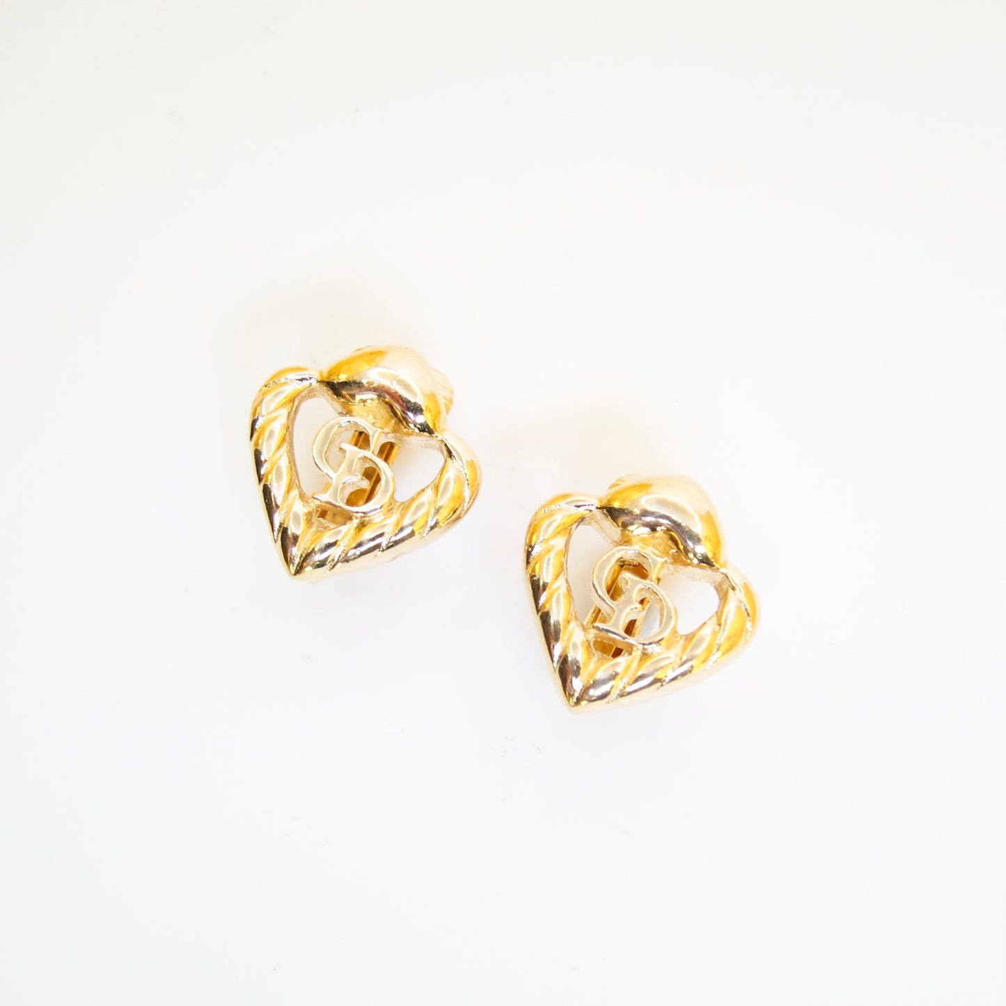 Christian Dior Vintage CD Logo in Heart Shape Golden Clip-on Earrings