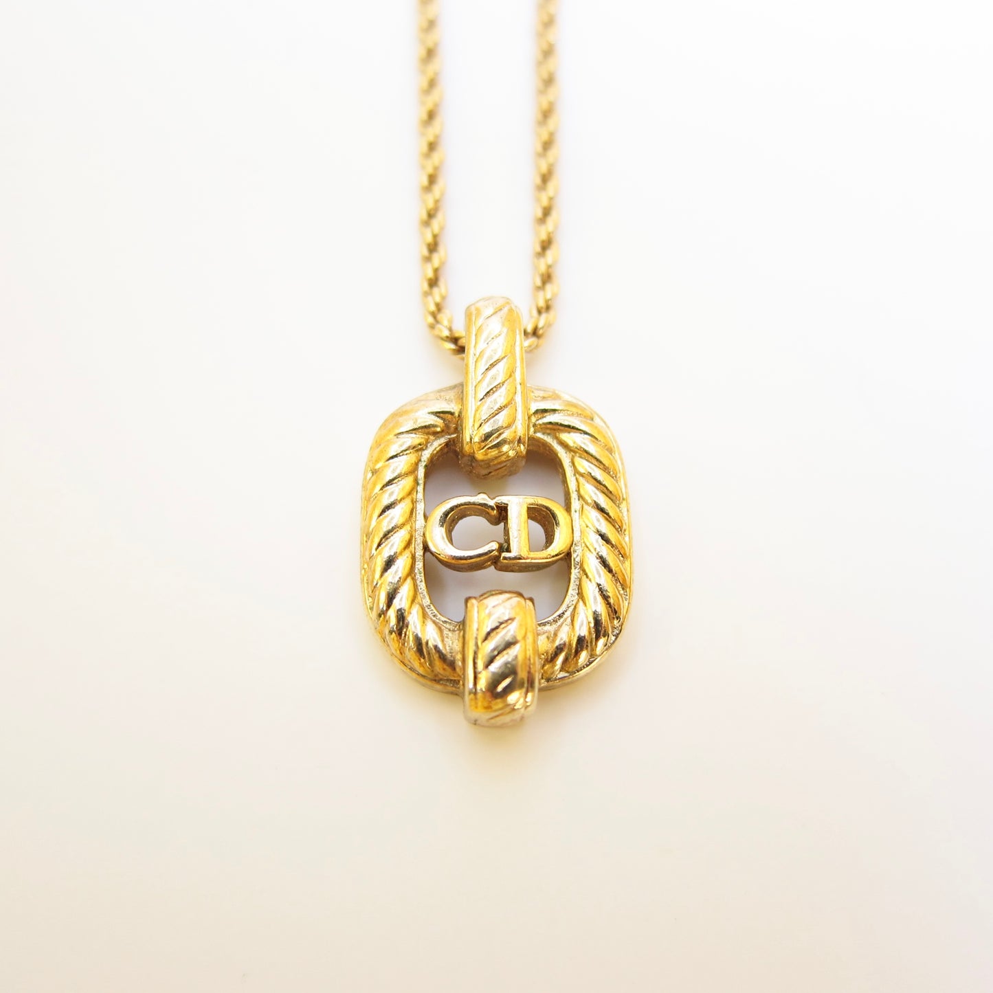Christian Dior Vintage CD Logo in Twist Rectangle Pendant Golden Necklace