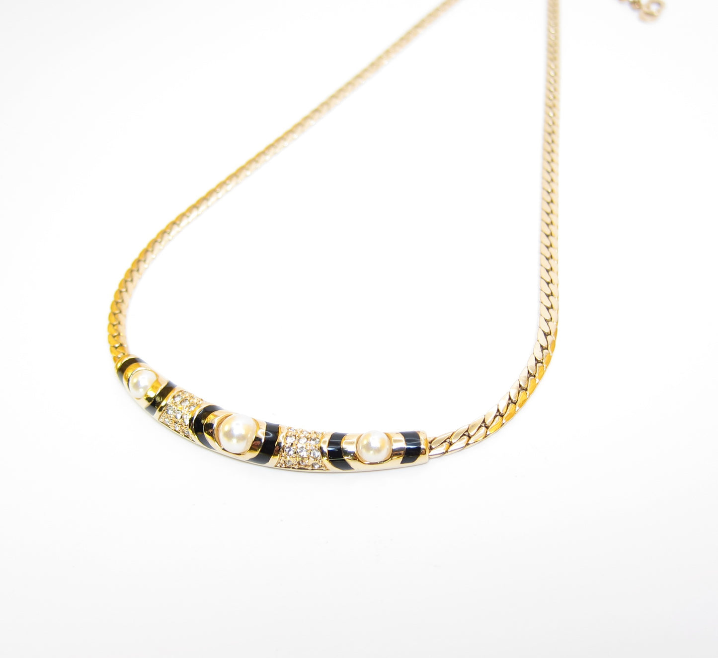 Christian Dior Vintage Pearl and Rhinestone Black and Golden Necklace