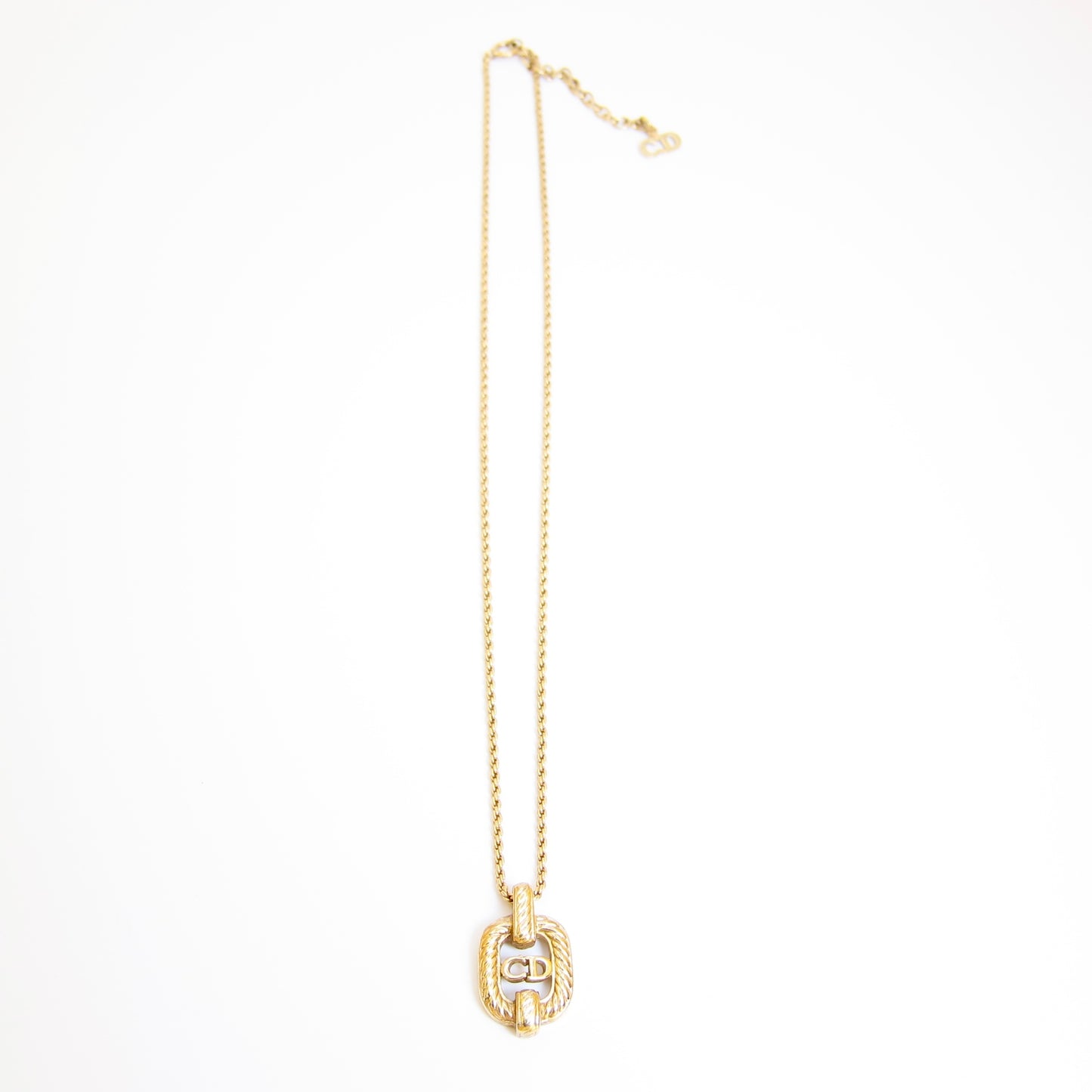 Christian Dior Vintage CD Logo in Twist Rectangle Pendant Golden Necklace