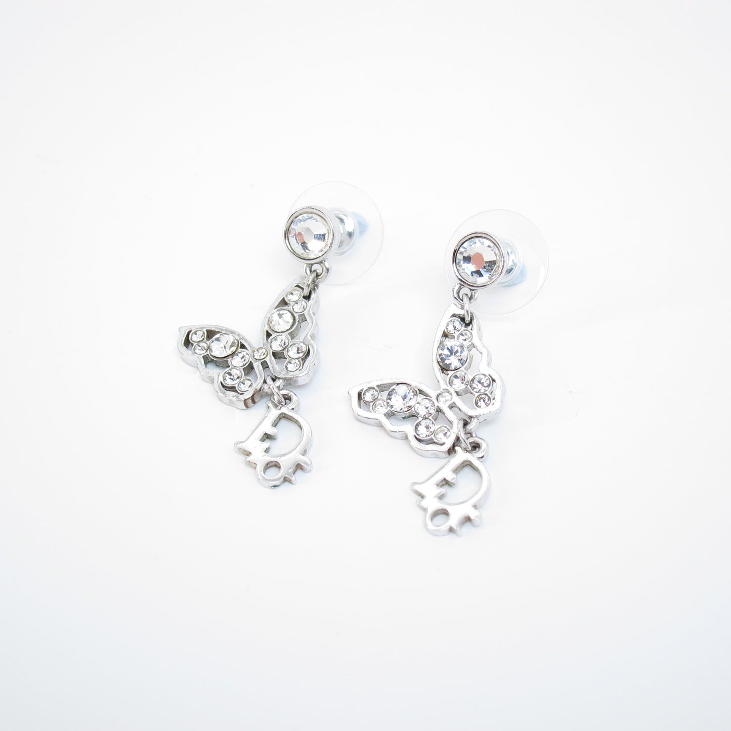 Christian Dior Vintage Dior Logo and Butterfly with Rhinestone Silver Earrings