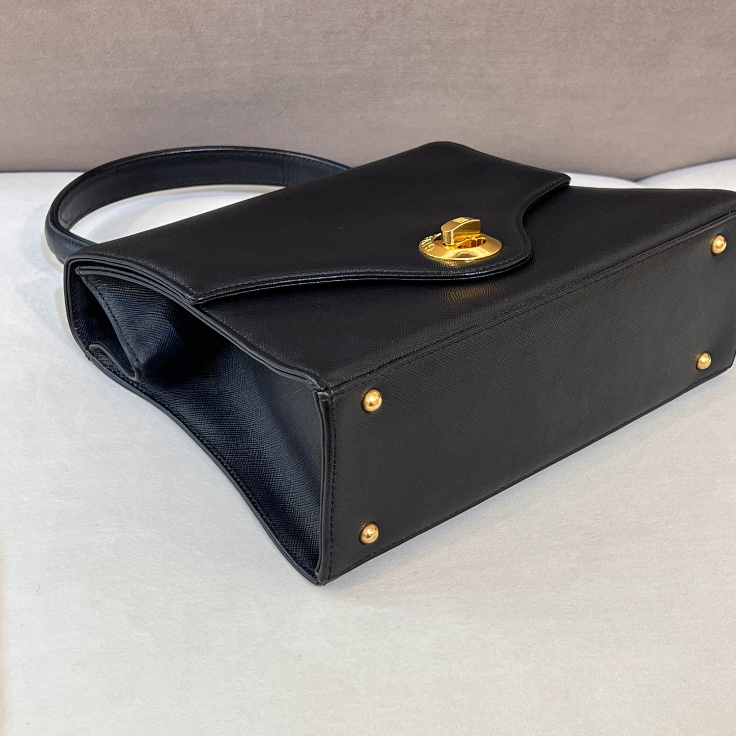 Givenchy Vintage Black Leather Gold Logo Turn Lock Top Handle Bag