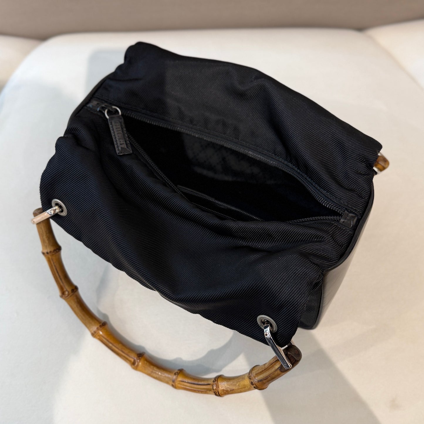 Gucci Black Bamboo Handle Black Nylon & Leather Handbag