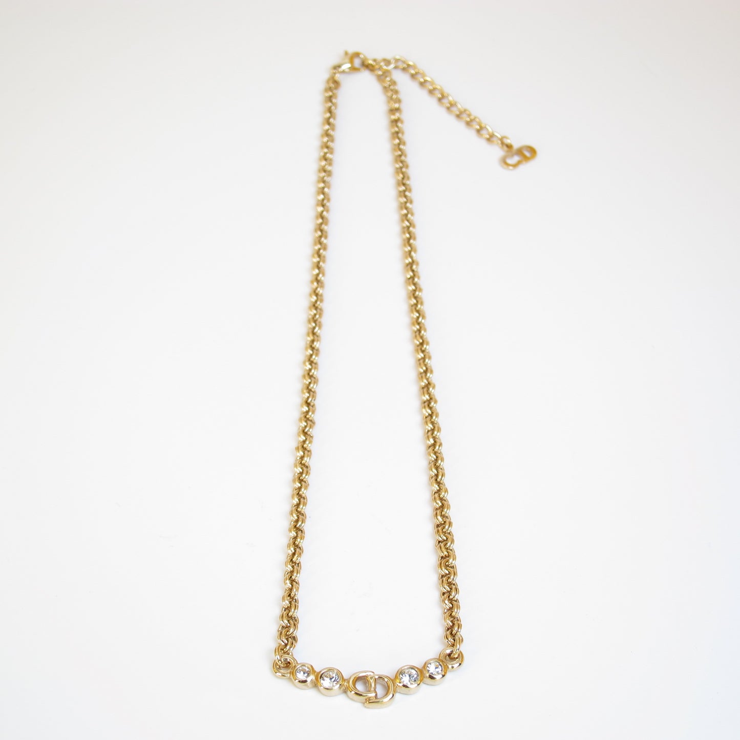 Christian Dior Vintage CD Logo and Rhinestone Golden Necklace