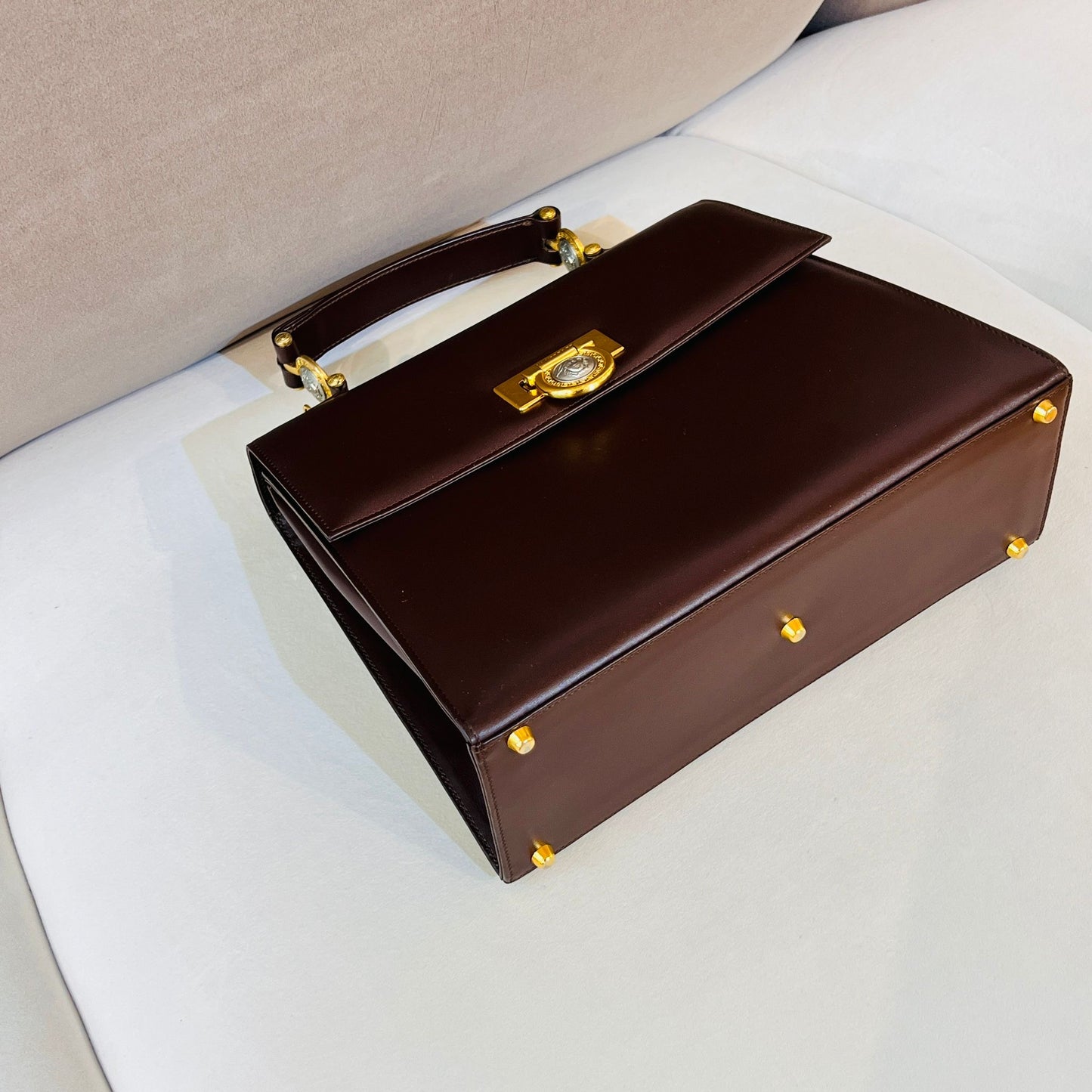 Versace Vintage Medusa Leather 2-Way Handbag In Deep Brown