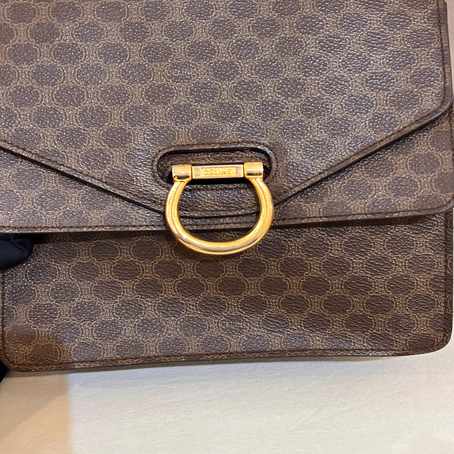 Celine Vintage Macadam Canvas Brown Leather Top Handle Bag