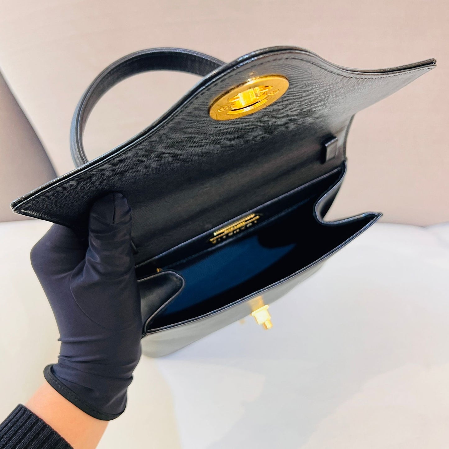 Givenchy Vintage Turn Lock Black Leather Top Handle Bag