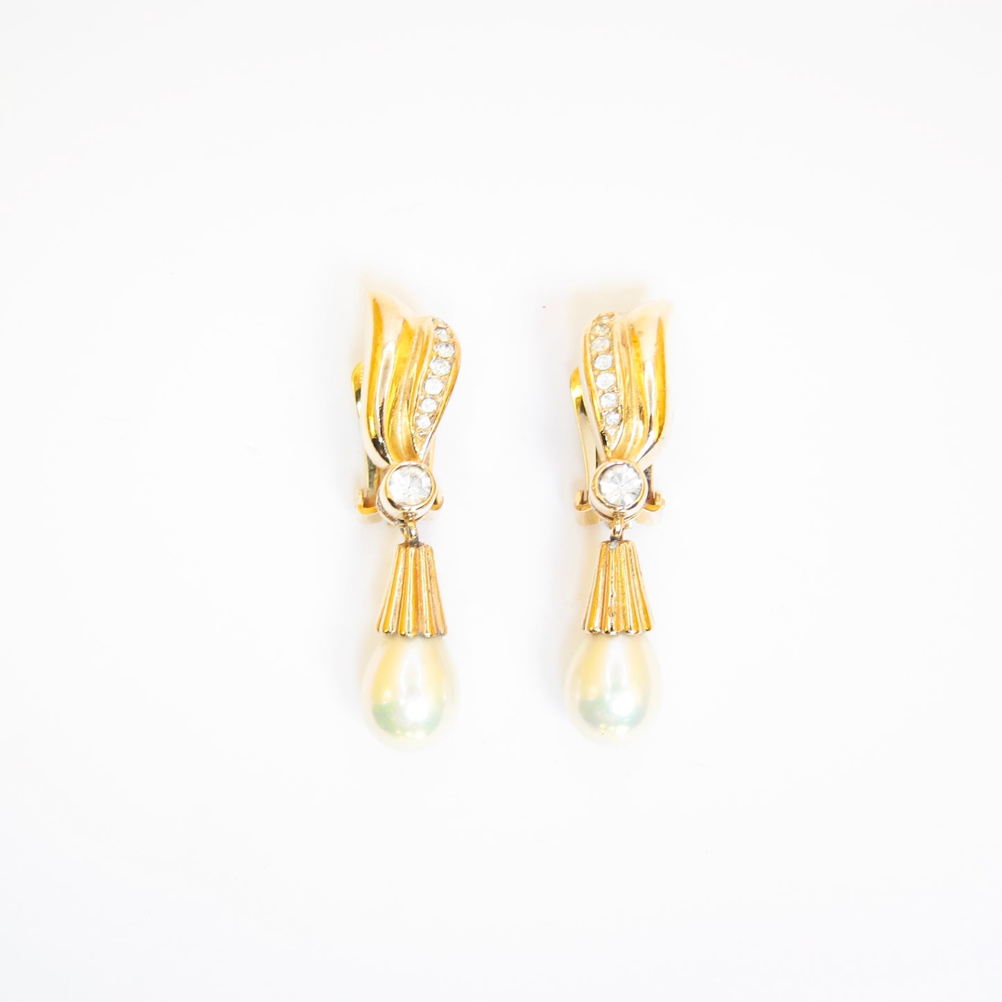Christian Dior Vintage Stylish Pearl and Rhinestone Golden Clip-on Earrings
