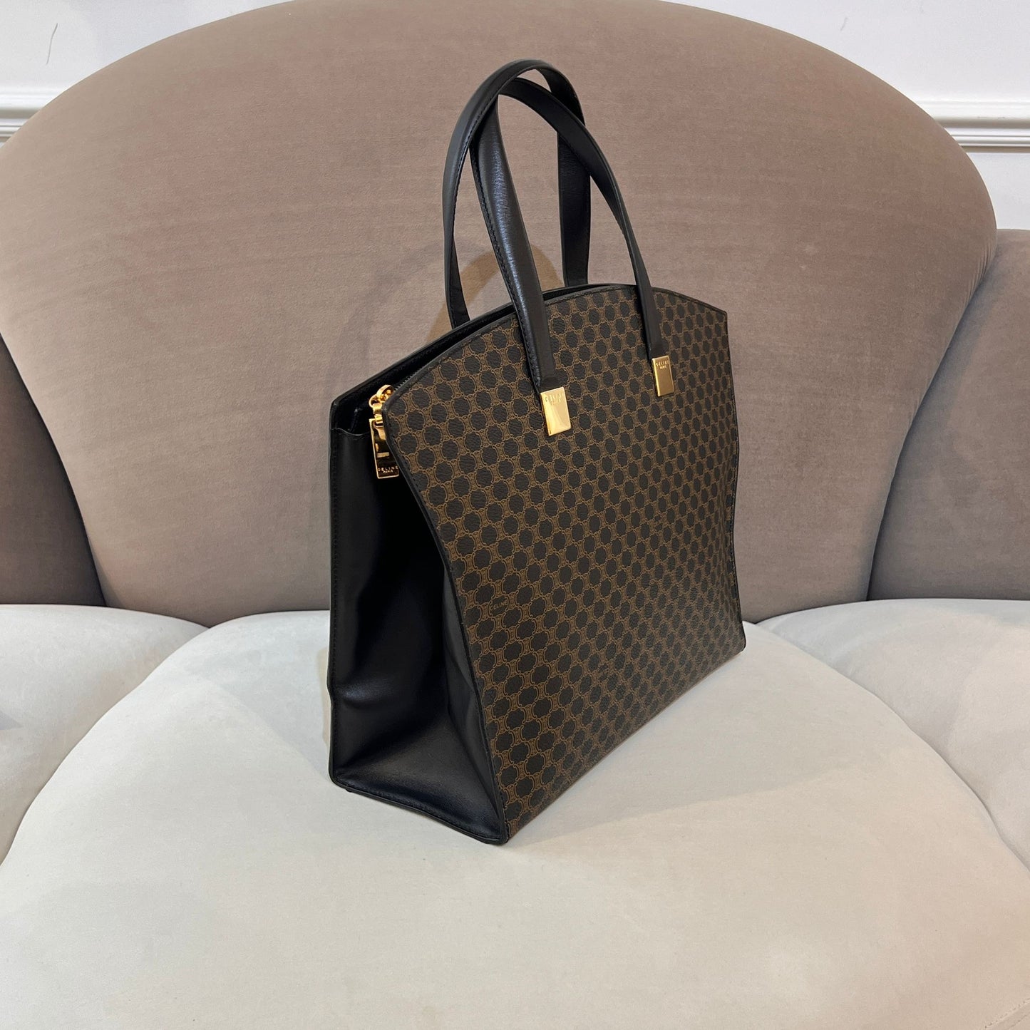 Celine Vintage Macadam Black Coated Canvas Leather Trim Tote Bag