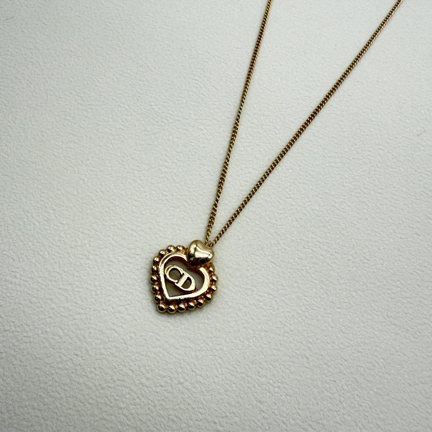Christian Dior Vintage CD Logo in Heart Shape Pendant Golden Necklace