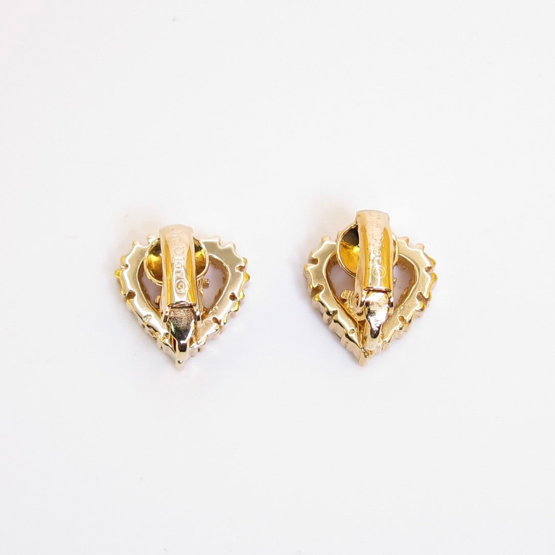 Christian Dior Vintage Dior Logo in Heart with Rhinestone Golden Clip-on Earrings