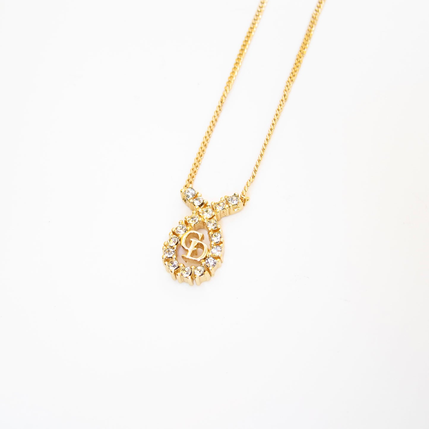 Christian Dior Vintage CD Logo in Drop Shape with Rhinestone Golden Necklace