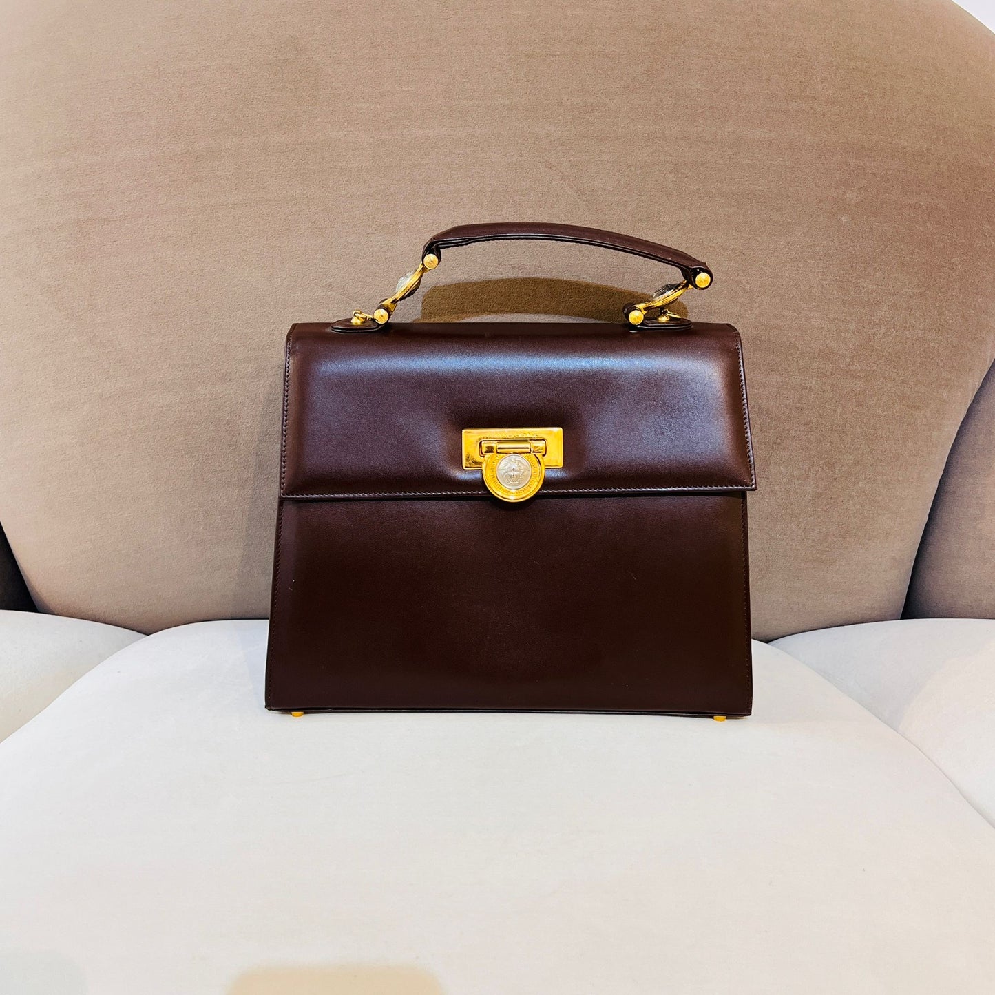 Versace Vintage Medusa Leather 2-Way Handbag In Deep Brown