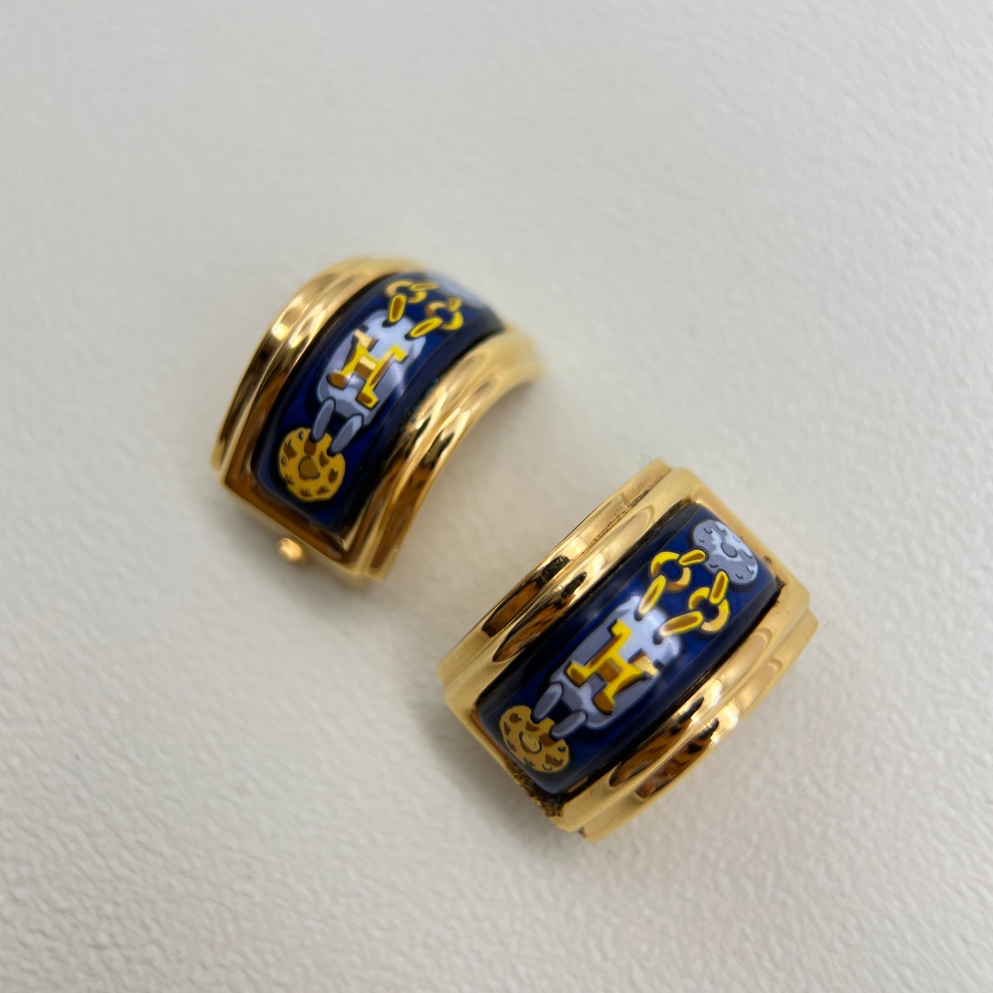 Hermes Vintage Blue Enamelled Golden Clip-on Earrings