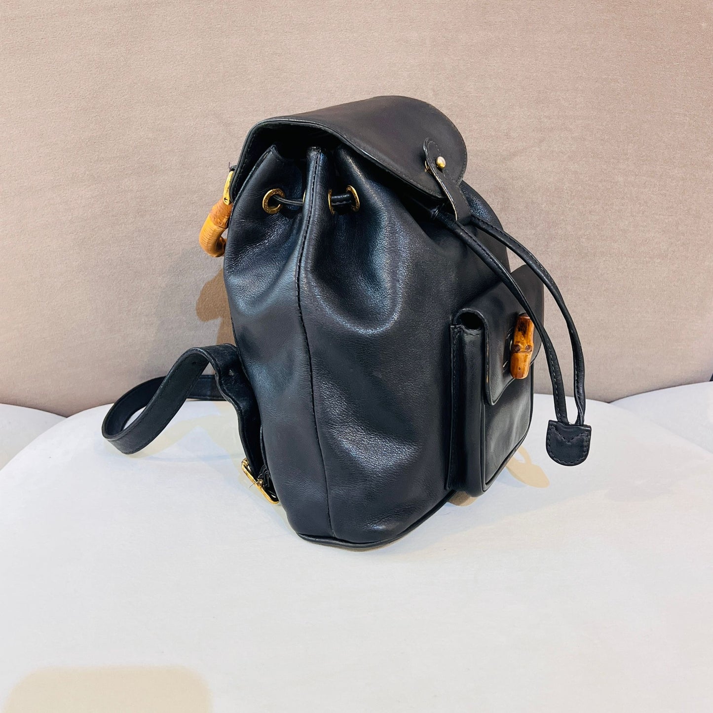 Gucci Vintage Bamboo Turn Lock Black Leather Small Backpack