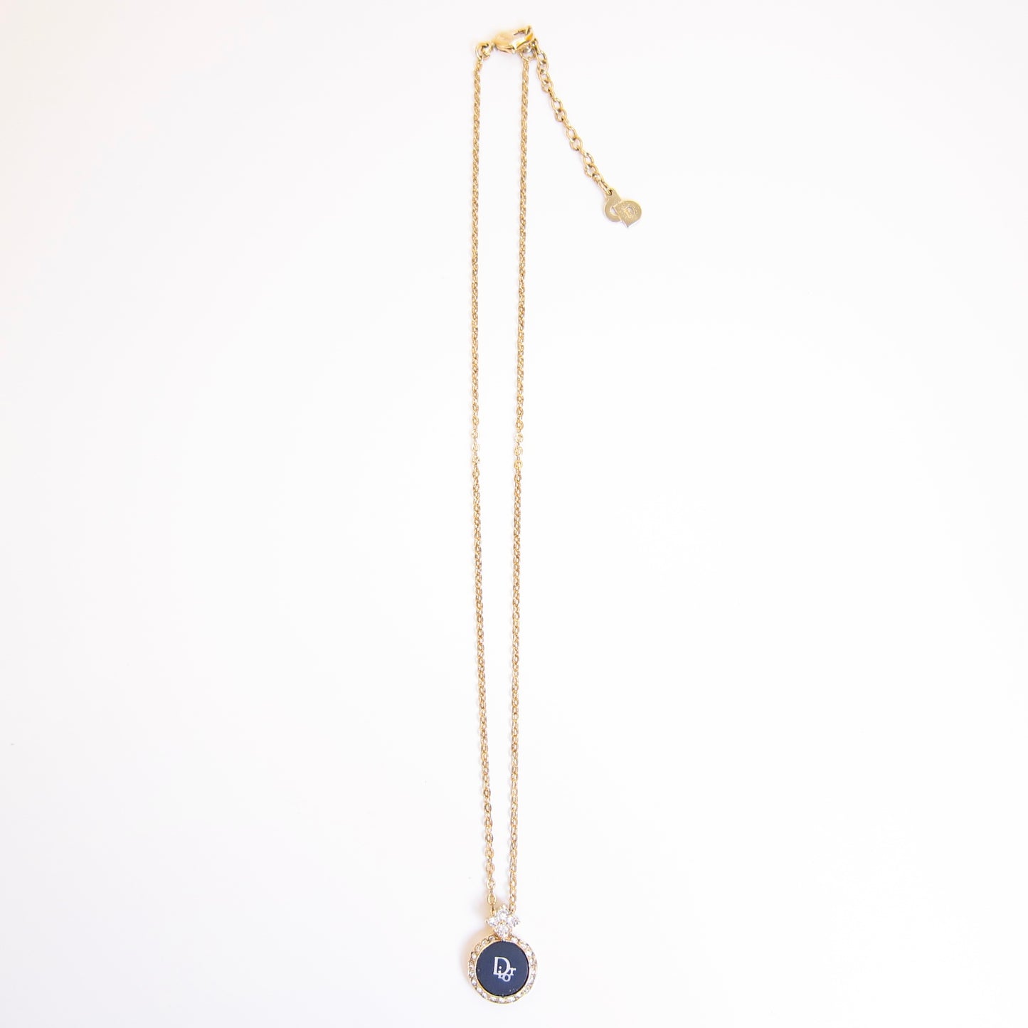 Christian Dior Vintage Dior Logo in Black Circle with Rhinestone Golden Necklace