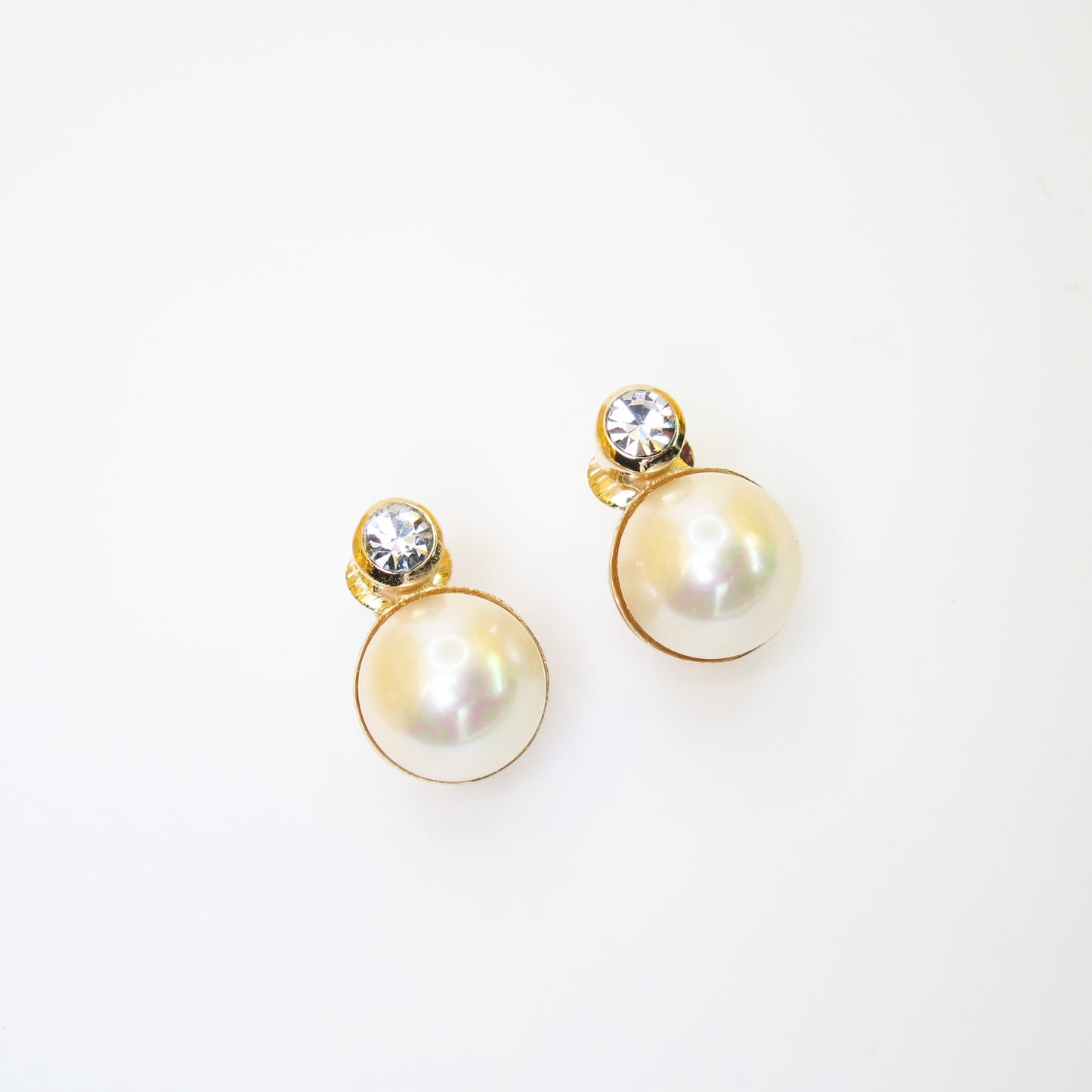 Christian Dior Vintage Round Shape Pearl and Rhinestone Golden Clip-on Earrings