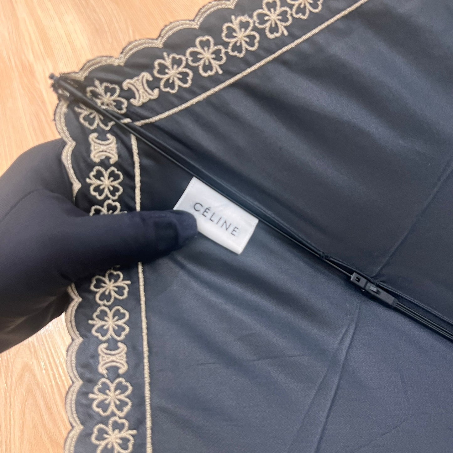 Celine Vintage Triomphe Logo Black Embroidered Umbrella