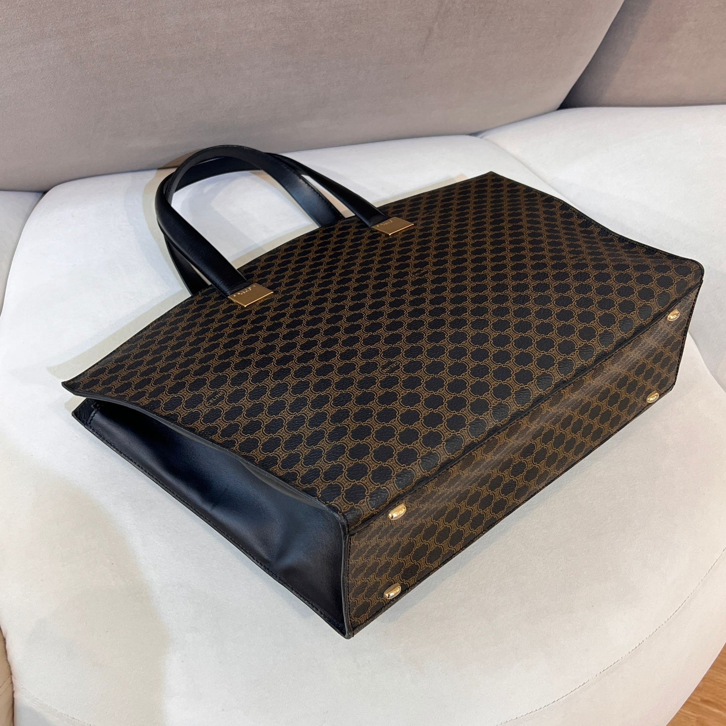 Celine Vintage Macadam Black Coated Canvas Leather Trim Tote Bag
