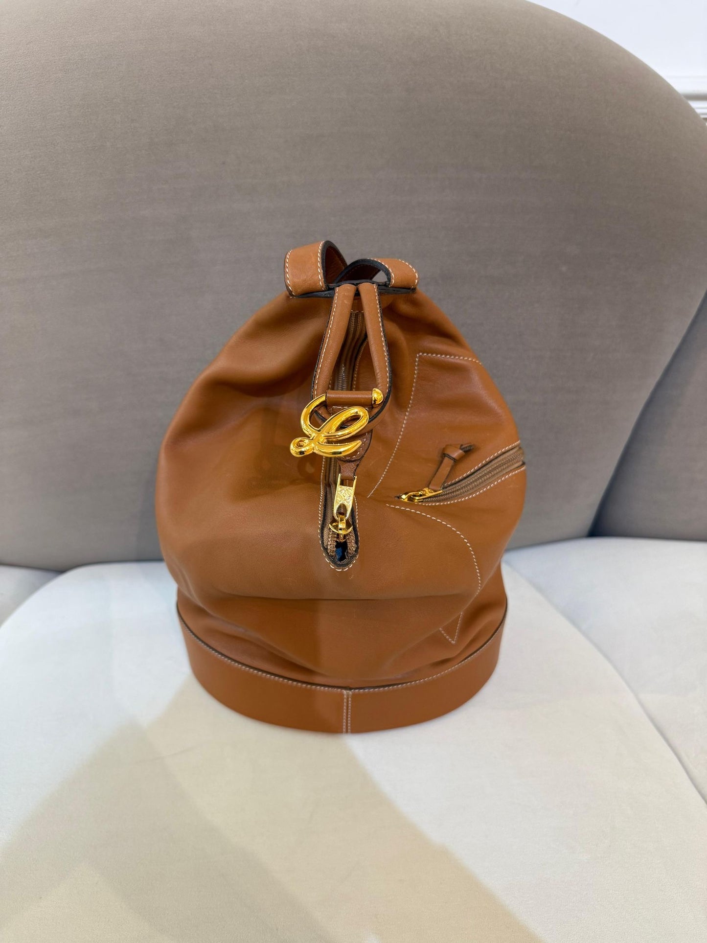 Loewe Vintage Tan Leather Backpack With Pouch