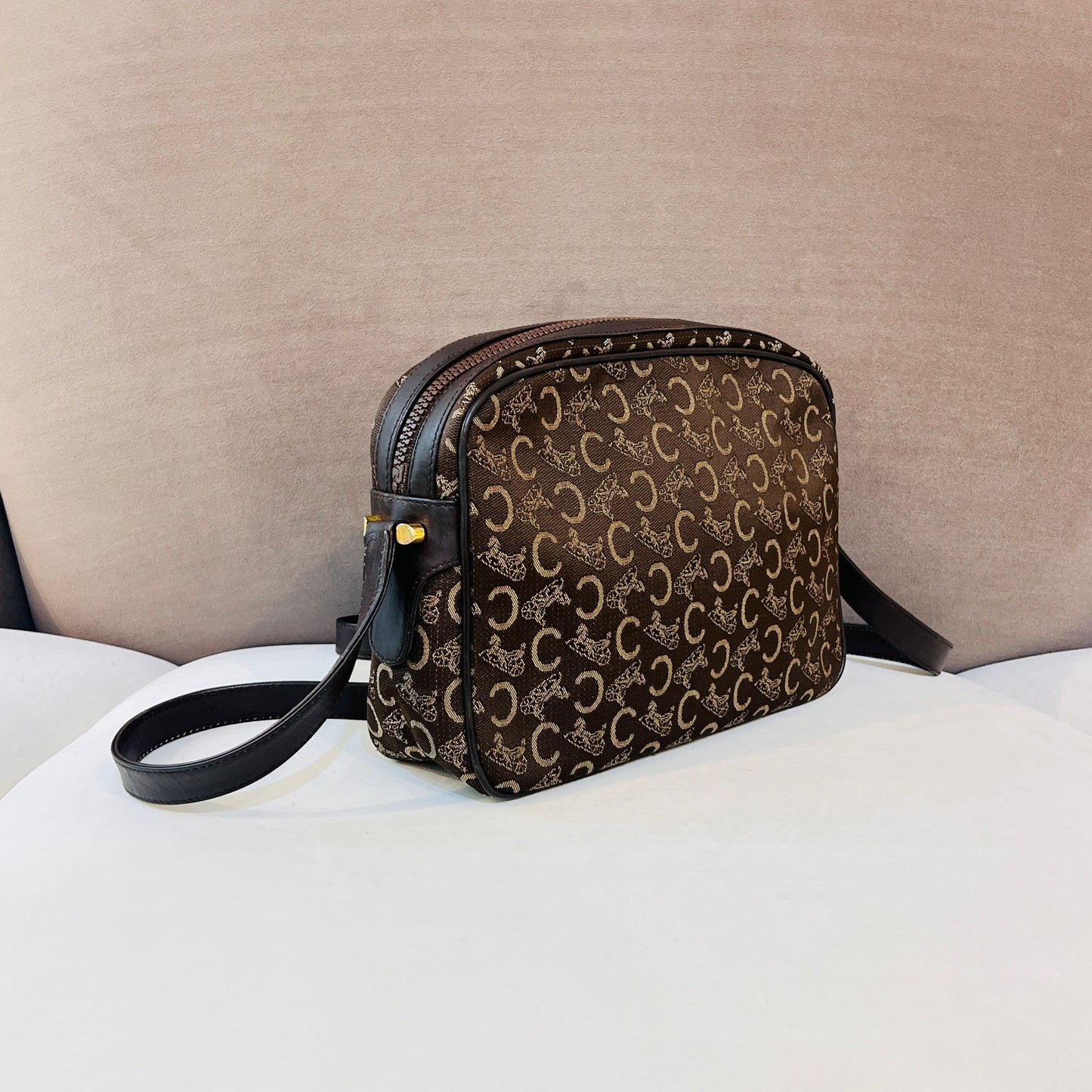 Celine Vintage Macadam Horse Carriage Canvas Leather Shoulder Bag