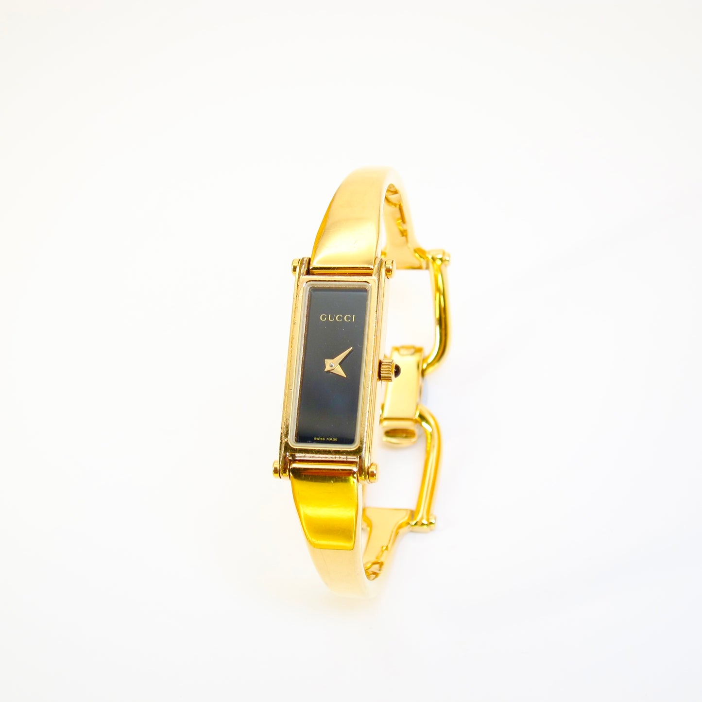 Gucci Vintage Rectangle Black Face Golden Bangle Watch