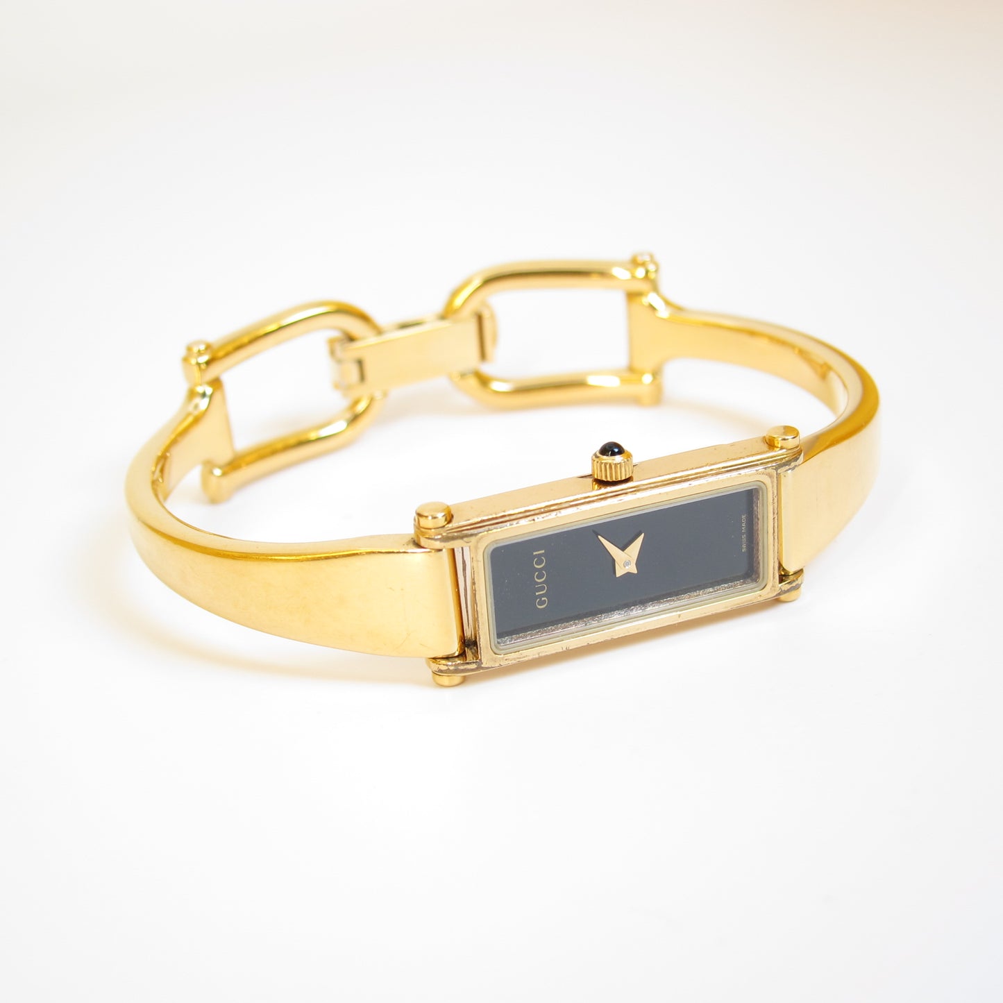 Gucci Vintage Rectangle Black Face Golden Bangle Watch