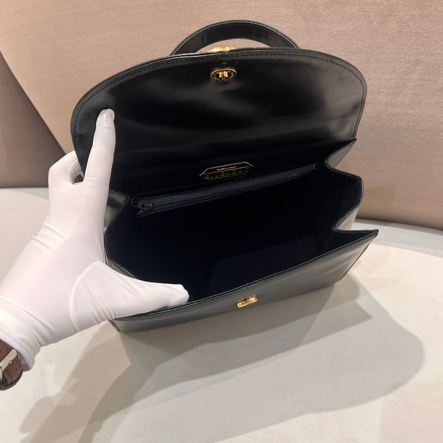 Givenchy Vintage Black Leather Top Handle Structured Handbag