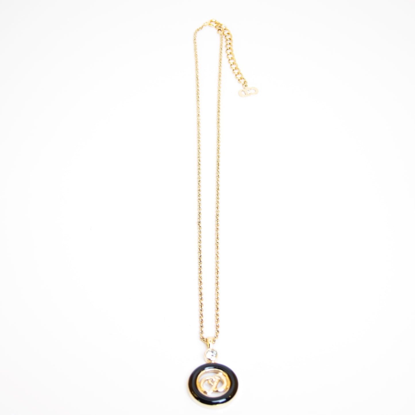 Christian Dior Vintage CD Logo in Black Circle and Rhinestone Golden Necklace