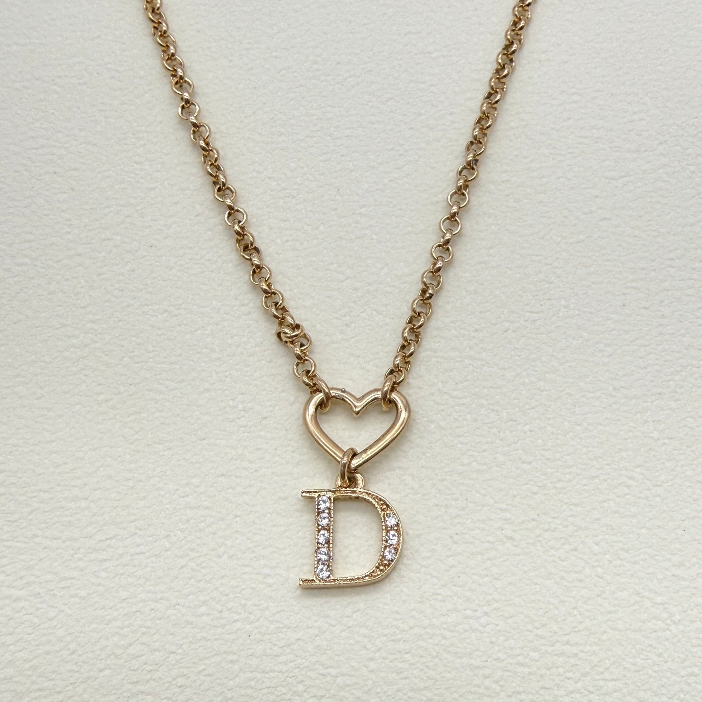 Christian Dior Vintage D Logo with Rhinestone and Heart Golden Necklace
